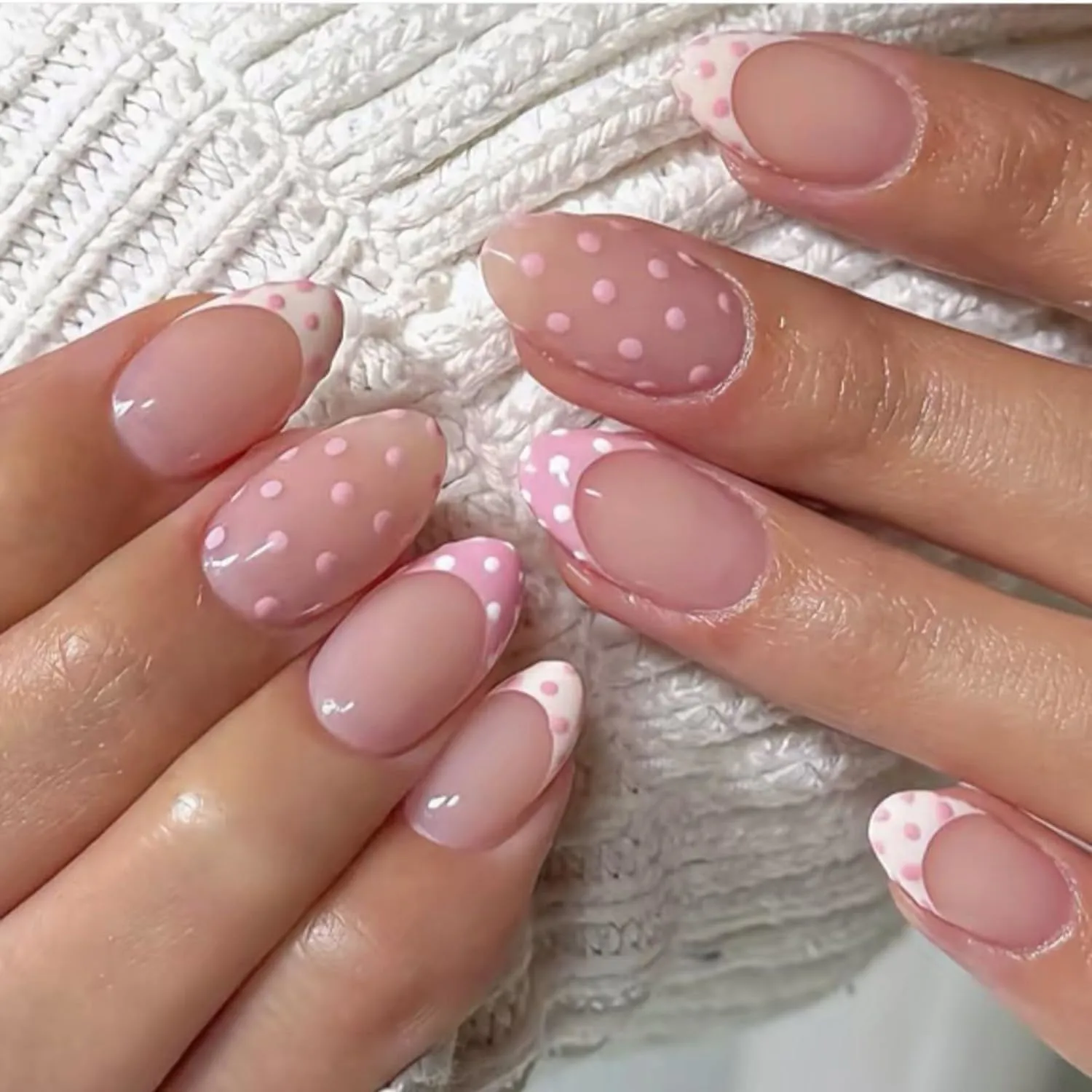 Polka Dot Press On Nails Short Almond Fake Nails French False Nails With Pink White Designs Acrylic Nail Press Ons Full Cover Stick On Nail Glossy Glue On Nail For Women Manicure 24Pcs