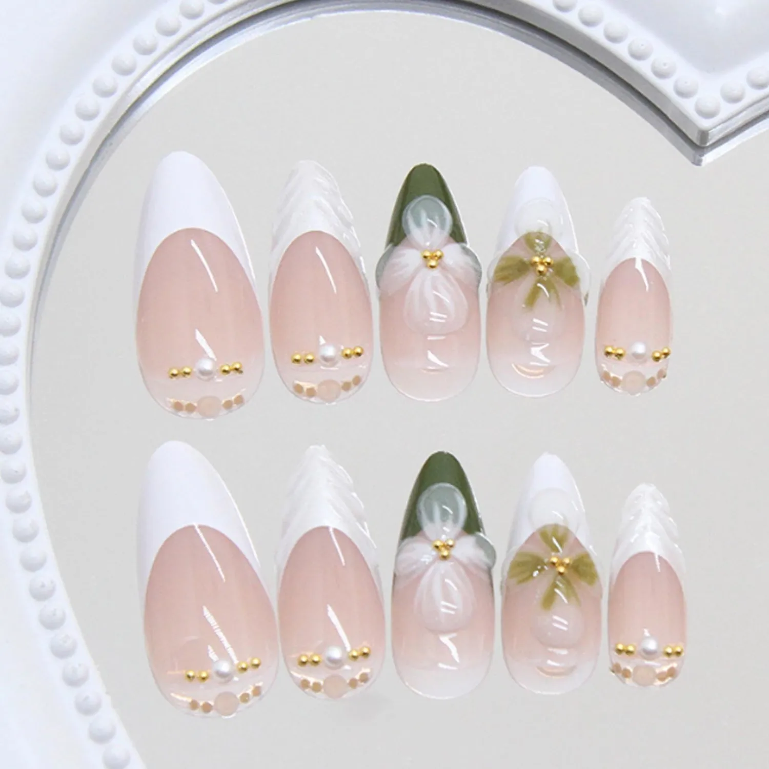 Hkanlre Almond Fake Nude Nails Tips Full Cover False Medium Nails Summer Flower Press on Nails for Women 24PCS