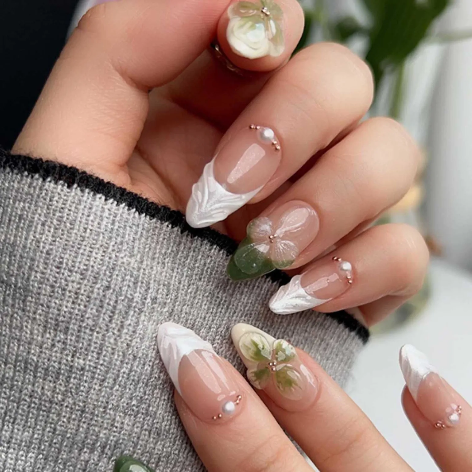 Hkanlre Almond Fake Nude Nails Tips Full Cover False Medium Nails Summer Flower Press on Nails for Women 24PCS