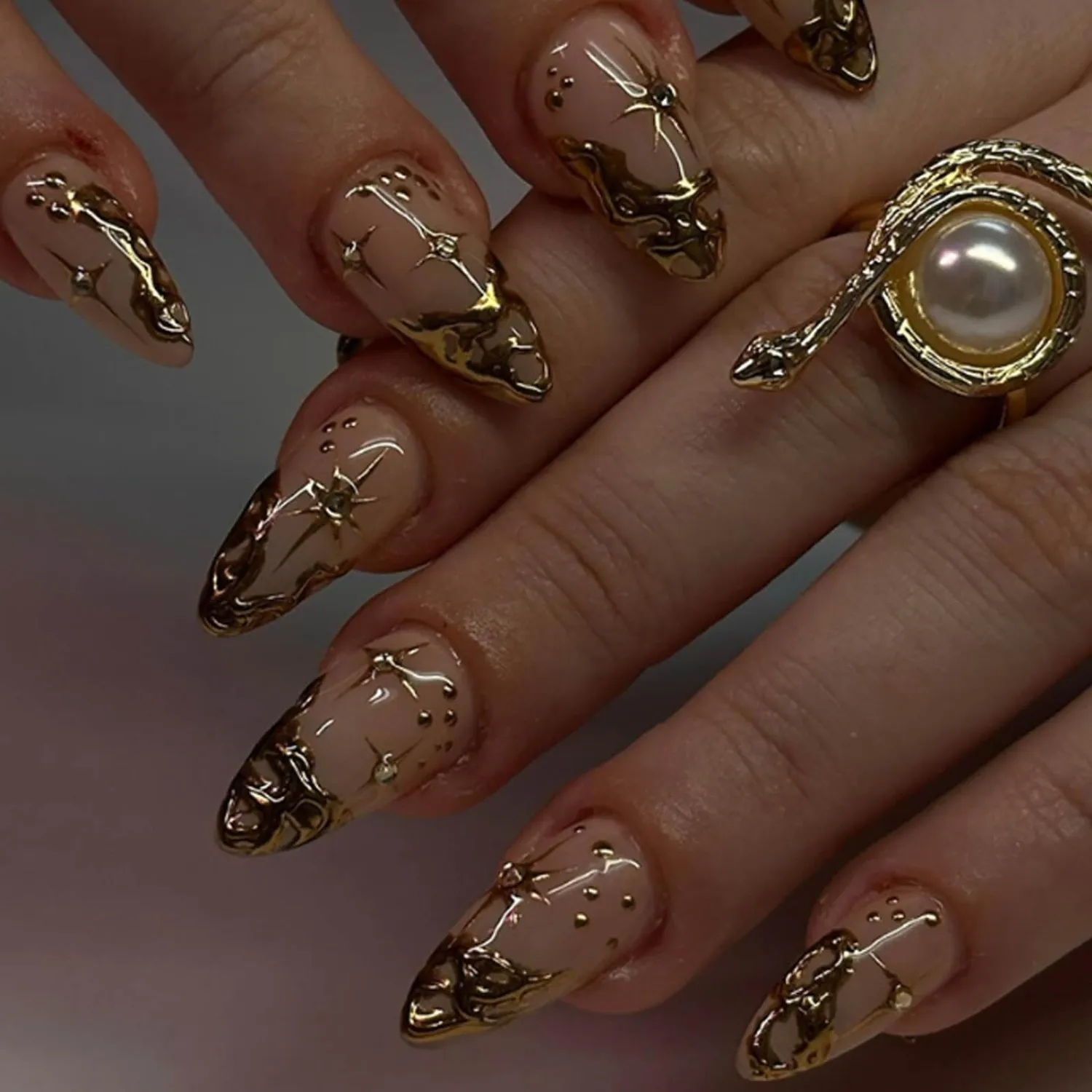 Hkanlre Almond Fake Nude Nails Tips Full Cover False Medium Nails Summer Flower Press on Nails for Women 24PCS