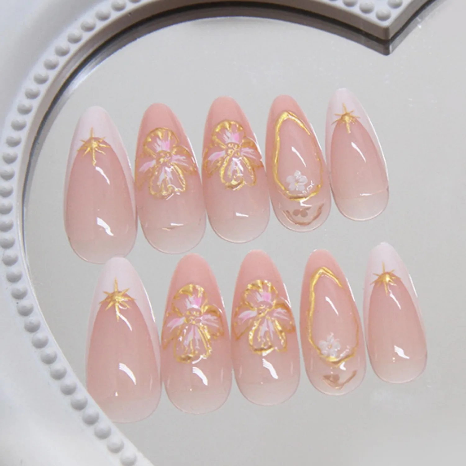 Hkanlre Almond Fake Nude Nails Tips Full Cover False Medium Nails Summer Flower Press on Nails for Women 24PCS