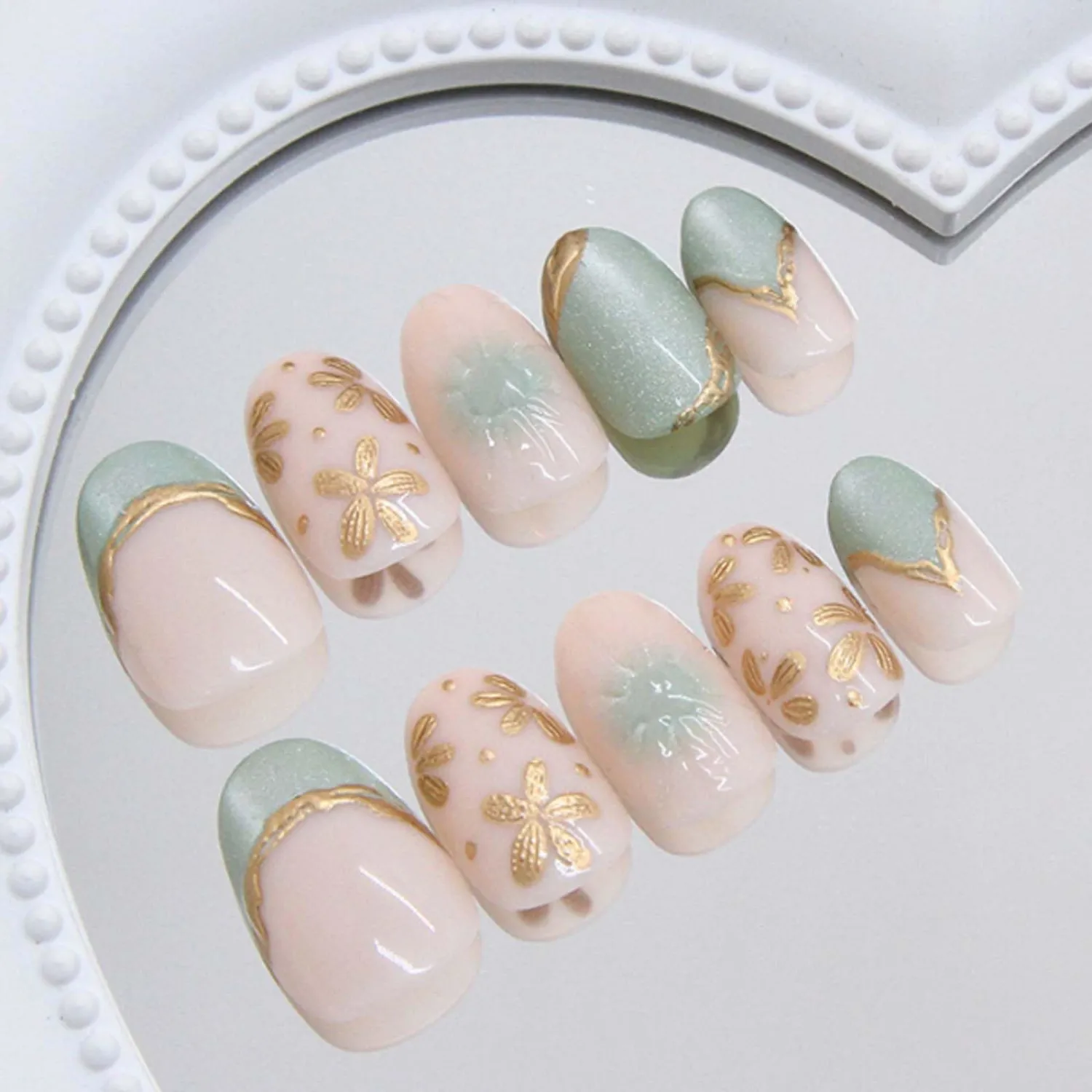 Hkanlre Almond Fake Nude Nails Tips Full Cover False Medium Nails Summer Flower Press on Nails for Women 24PCS