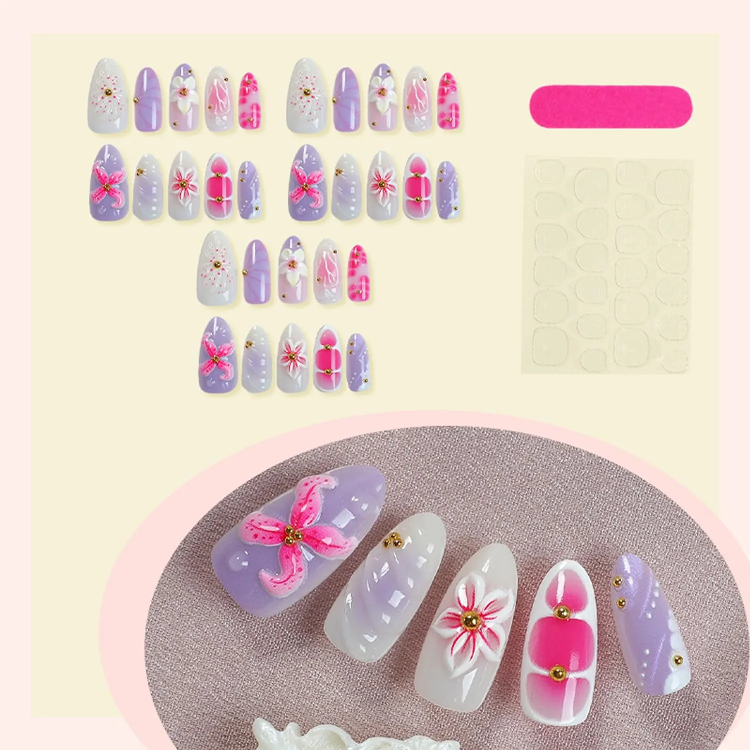 30Pcs Cute Flowers Press on Nails Medium Almond Fake Nails 3D Pink White Flower False Nails with Beads Charms Designs Nail Water Ripples Bubble Glue on Nails Floral Texture Stick on Nail for Women