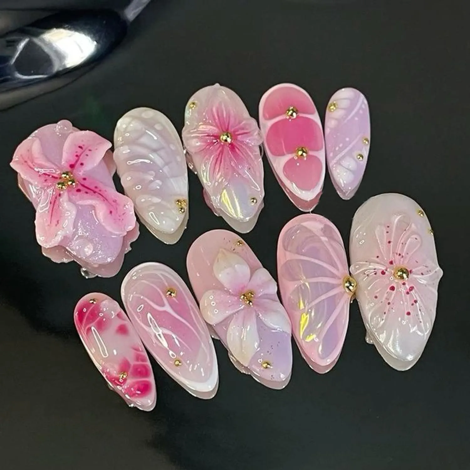 30Pcs Cute Flowers Press on Nails Medium Almond Fake Nails 3D Pink White Flower False Nails with Beads Charms Designs Nail Water Ripples Bubble Glue on Nails Floral Texture Stick on Nail for Women