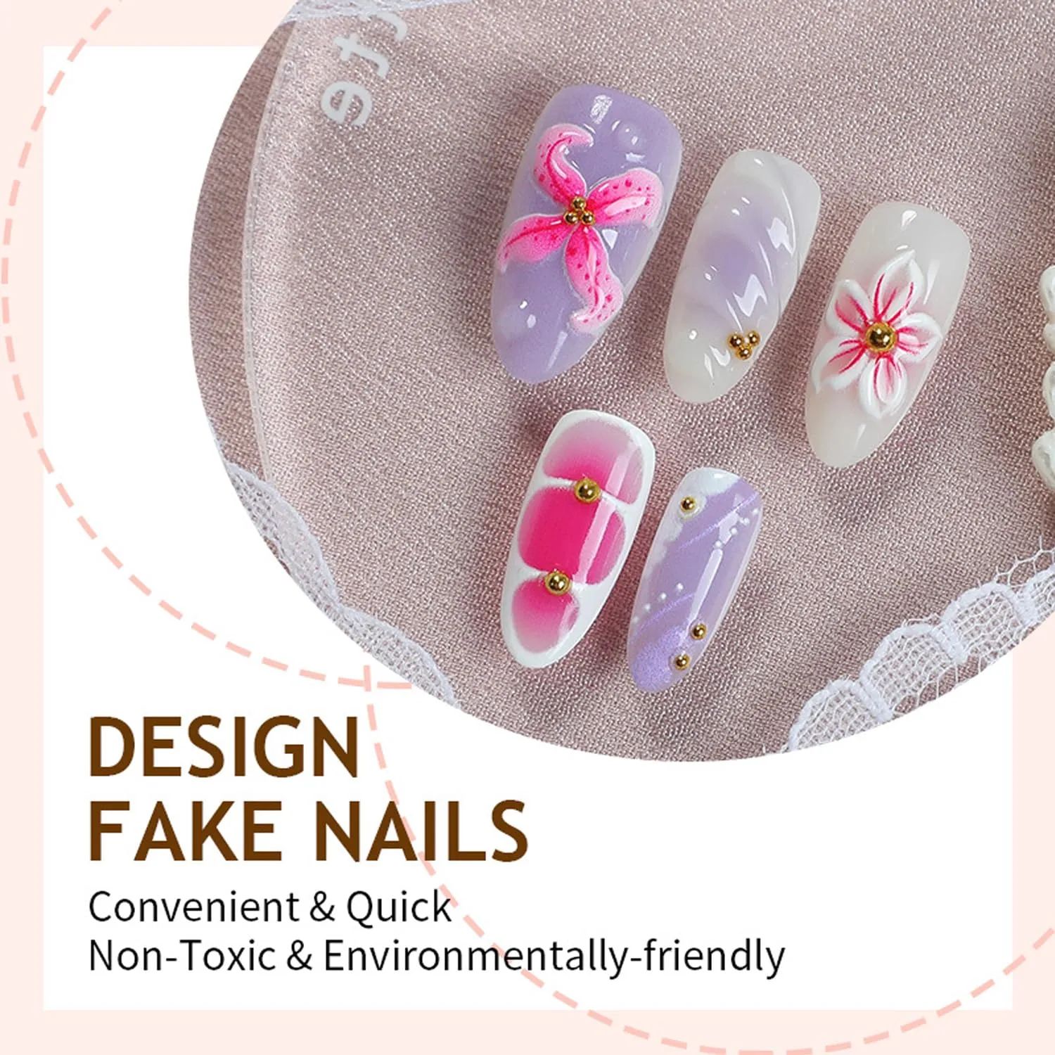 30Pcs Cute Flowers Press on Nails Medium Almond Fake Nails 3D Pink White Flower False Nails with Beads Charms Designs Nail Water Ripples Bubble Glue on Nails Floral Texture Stick on Nail for Women