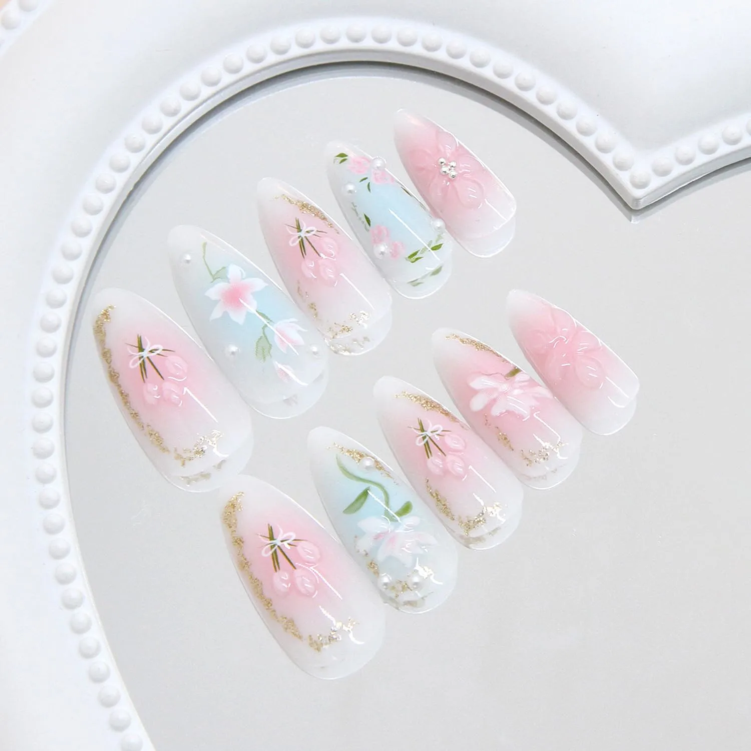 Cute Flower Press on Nails Medium Almond Fake Nails Pink Floral False Nails 3D Pearl Blush Acrylic Nails Gold Glitter French Tip Glue on Nail Spring Summer Flowers Leaf Stick on Nail for Women 24Pcs