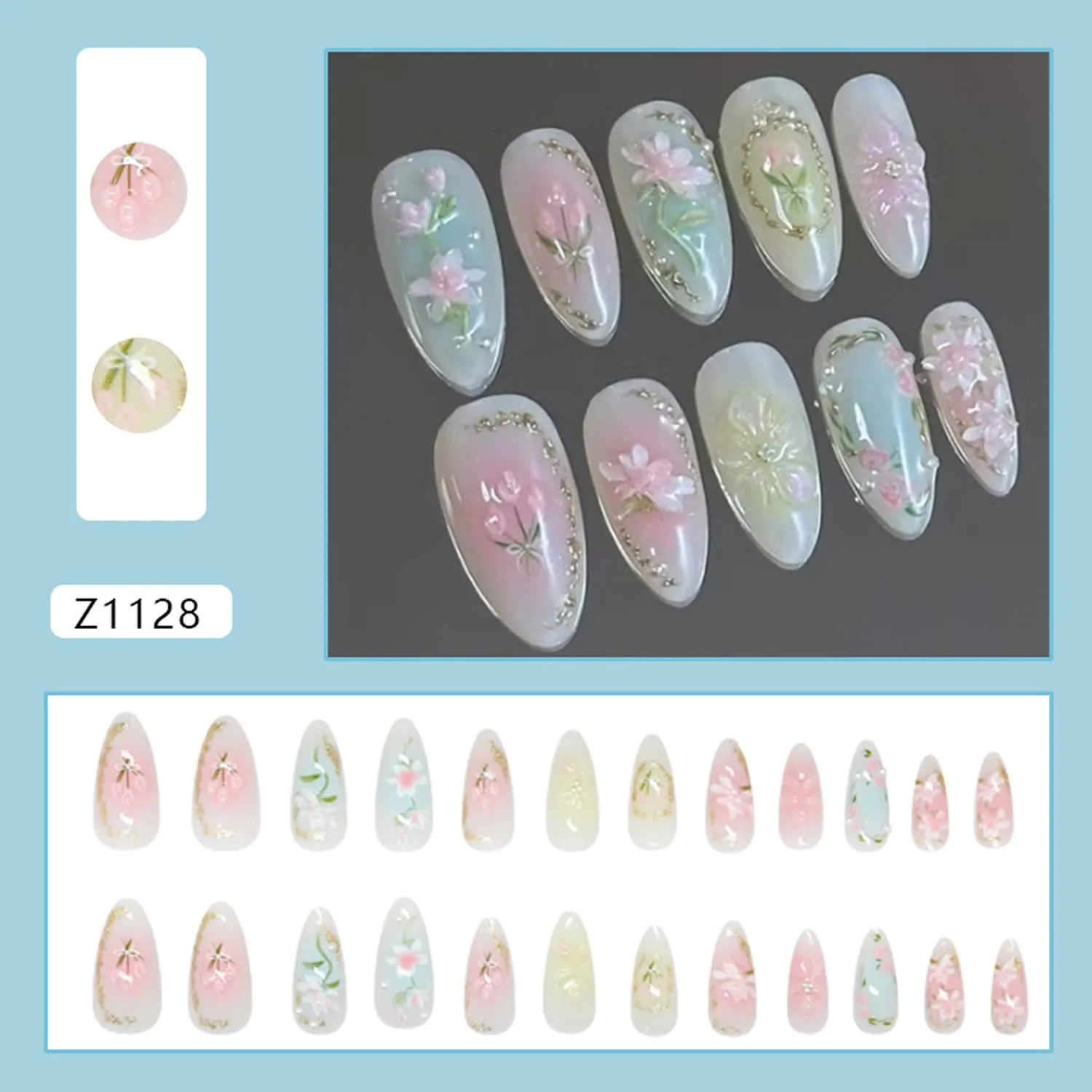 Cute Flower Press on Nails Medium Almond Fake Nails Pink Floral False Nails 3D Pearl Blush Acrylic Nails Gold Glitter French Tip Glue on Nail Spring Summer Flowers Leaf Stick on Nail for Women 24Pcs
