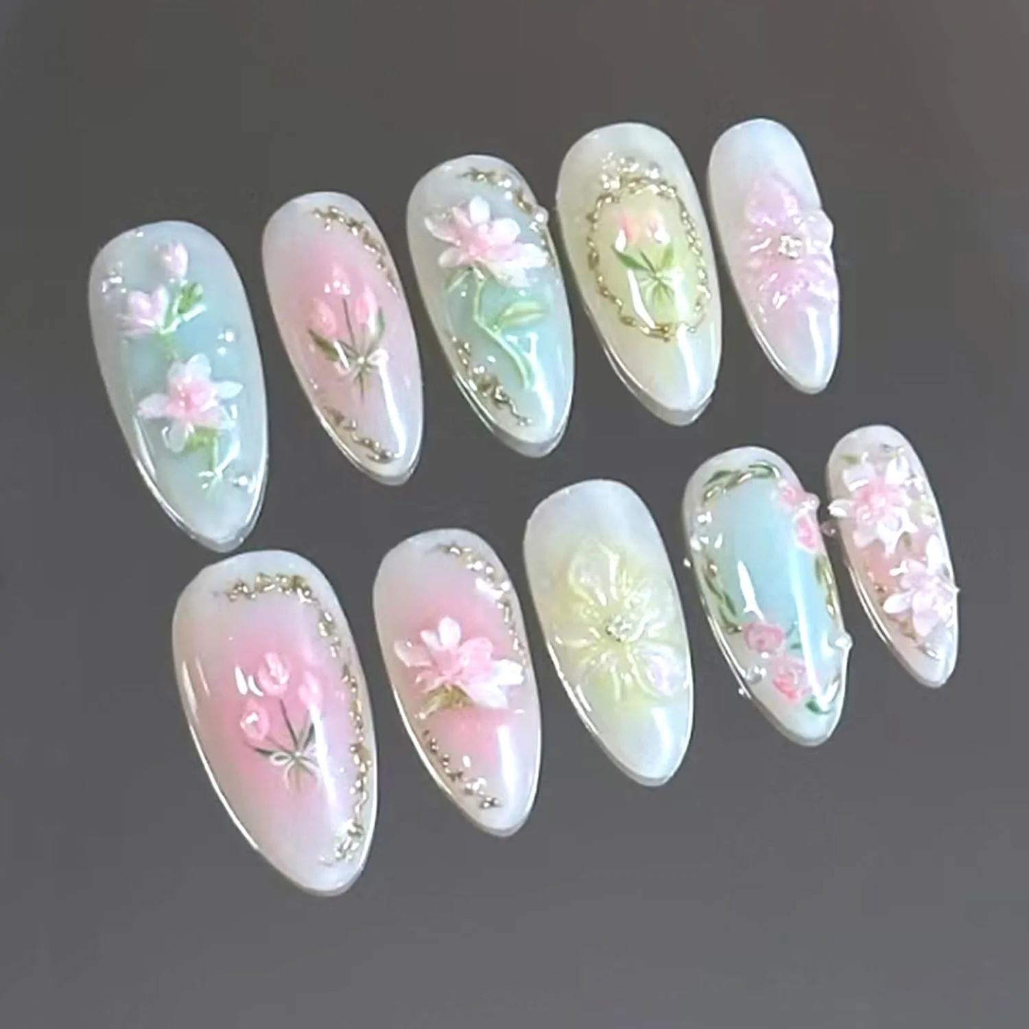 Cute Flower Press on Nails Medium Almond Fake Nails Pink Floral False Nails 3D Pearl Blush Acrylic Nails Gold Glitter French Tip Glue on Nail Spring Summer Flowers Leaf Stick on Nail for Women 24Pcs