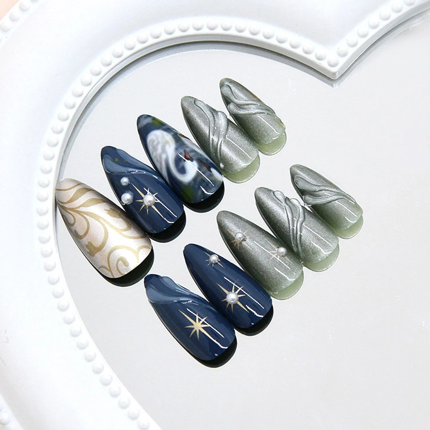 24Pcs White Swan Press on Nails Medium Almond Fake Nails Gold Star False Nails with 3D Pearls Charms Design False Nails Glossy Dark Blue Glue on Nail Gold Flower Leaf Artificial Nails for Women