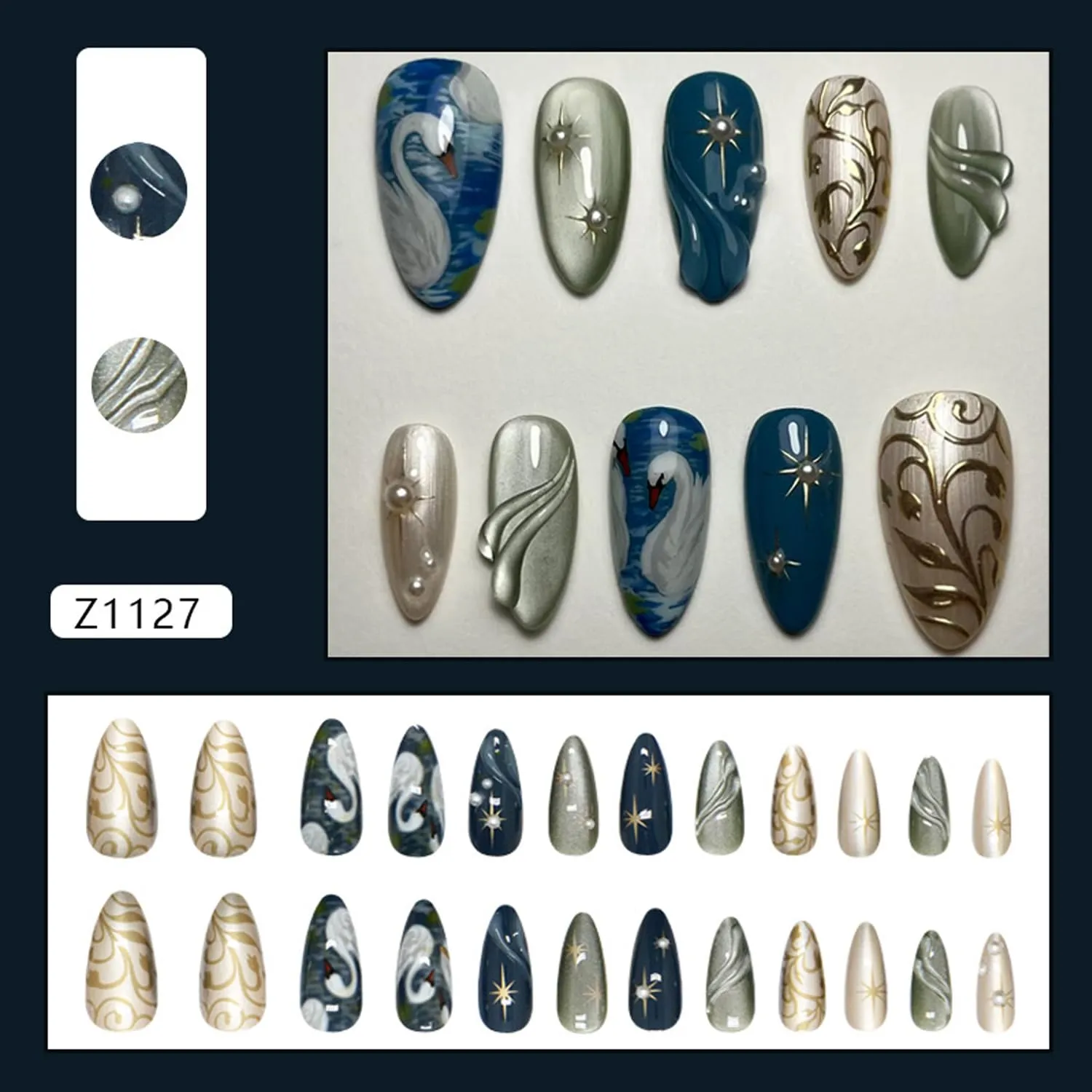 24Pcs White Swan Press on Nails Medium Almond Fake Nails Gold Star False Nails with 3D Pearls Charms Design False Nails Glossy Dark Blue Glue on Nail Gold Flower Leaf Artificial Nails for Women
