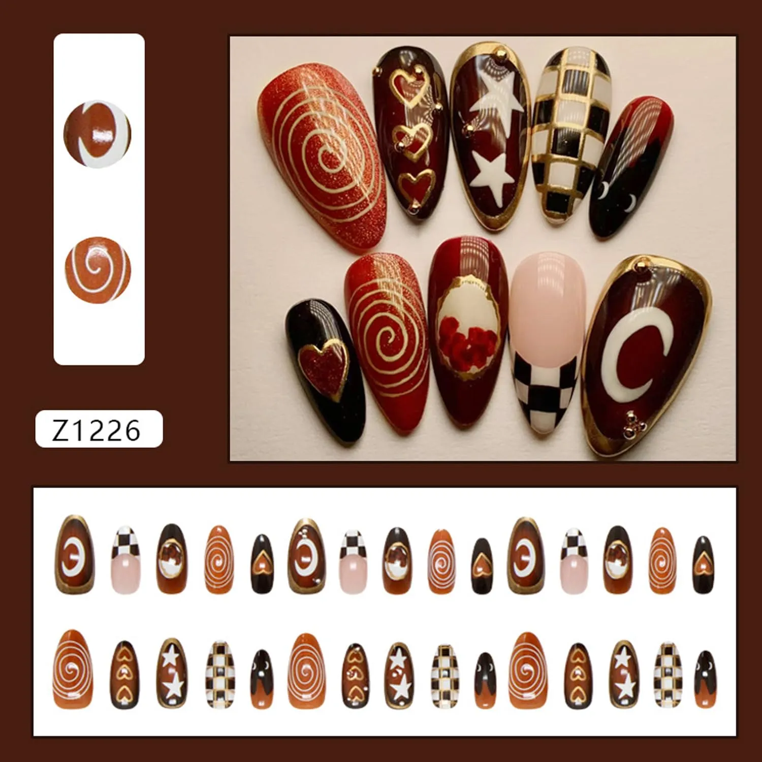 30Pcs Valentine Press on Nails Medium Almond French Tip Fake Nails with Checkerboard Design White Star Moon False Nails Red Glitter Full Cover Gilded Line Heart Gel Artificial Stick on Nails for Women