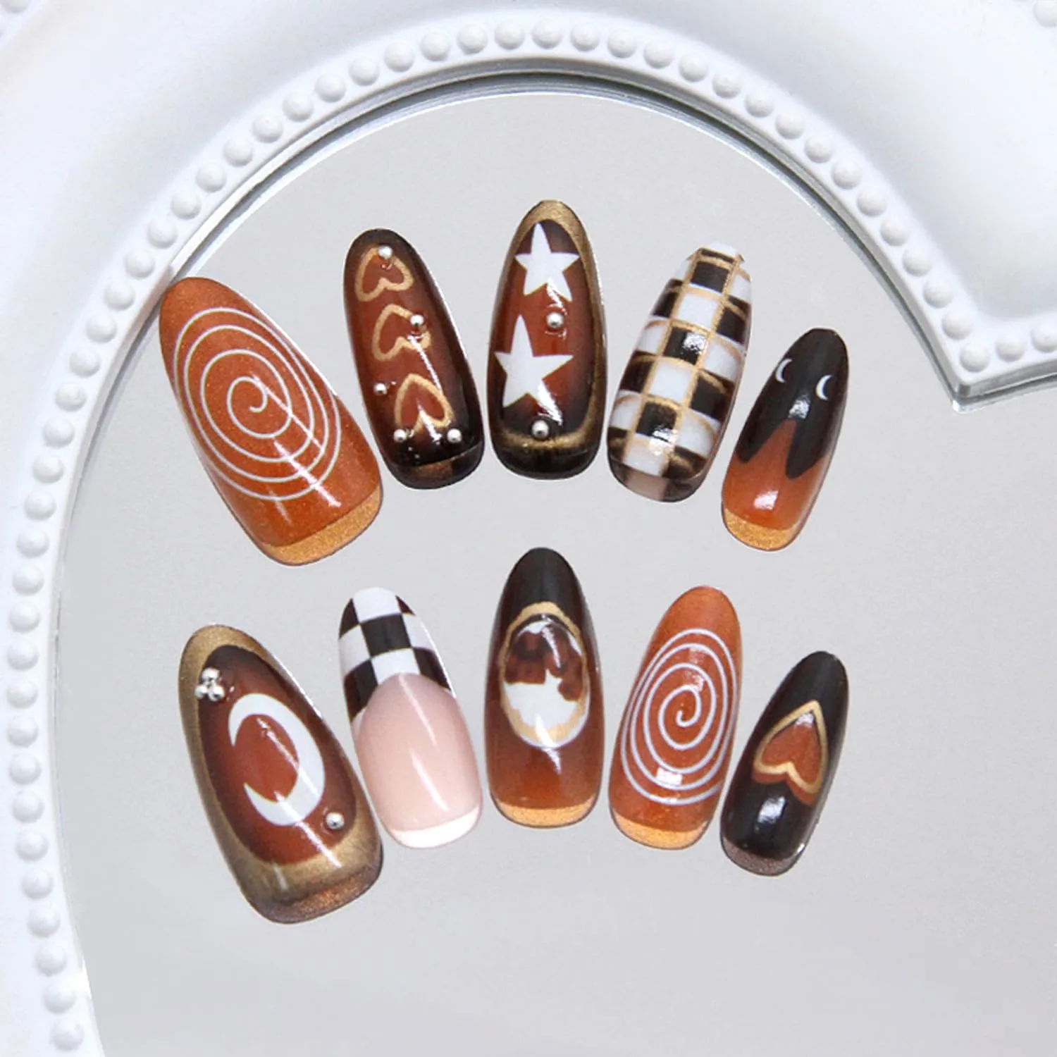 30Pcs Valentine Press on Nails Medium Almond French Tip Fake Nails with Checkerboard Design White Star Moon False Nails Red Glitter Full Cover Gilded Line Heart Gel Artificial Stick on Nails for Women