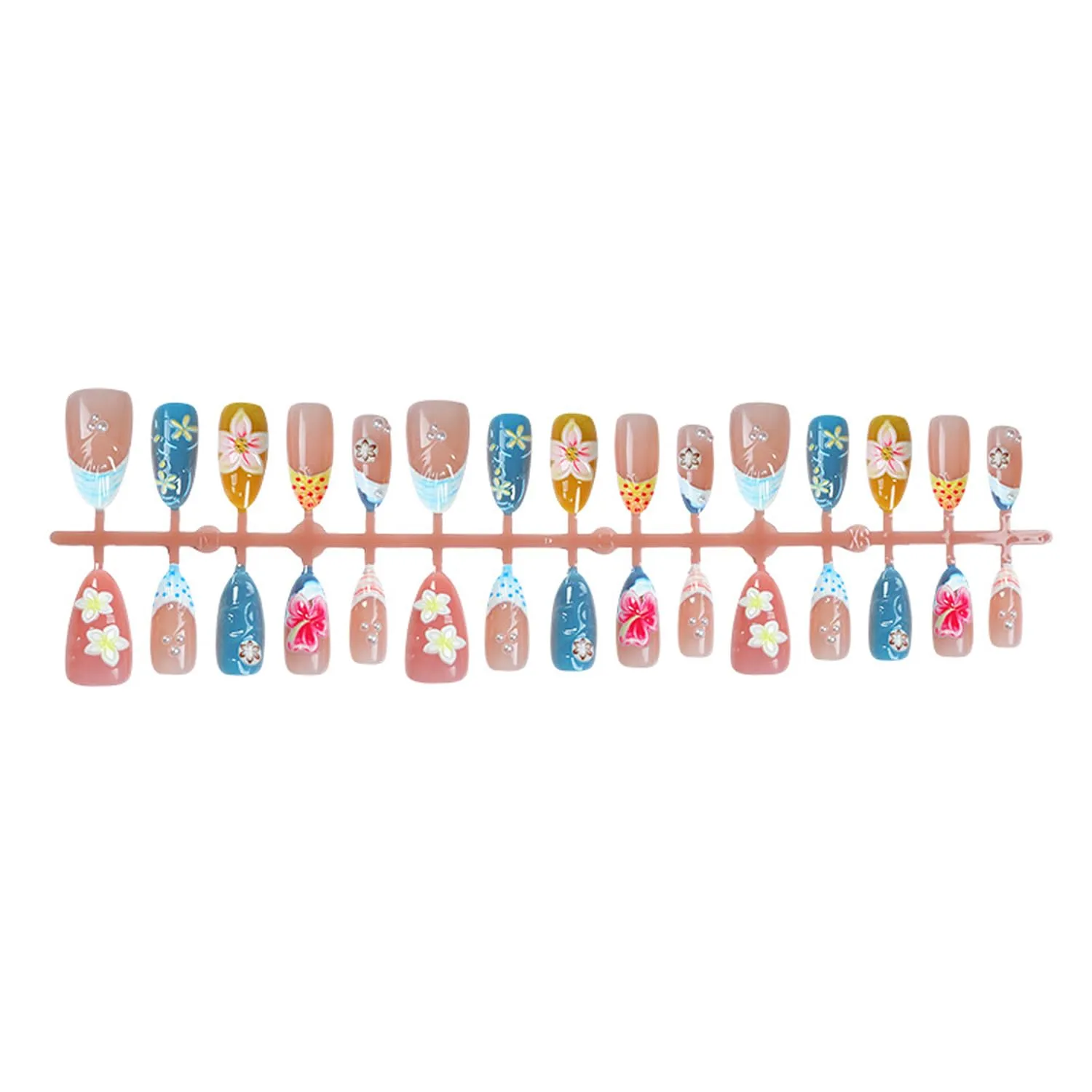 30Pcs Colorful Flower Press on Nails Medium Almond Fake Nails 3D Cute Floral False Nail Water Ripples French Tip Glue on Nail with Pearl Charms Design Nails Summer Ocean Beach Nail Supply for Women