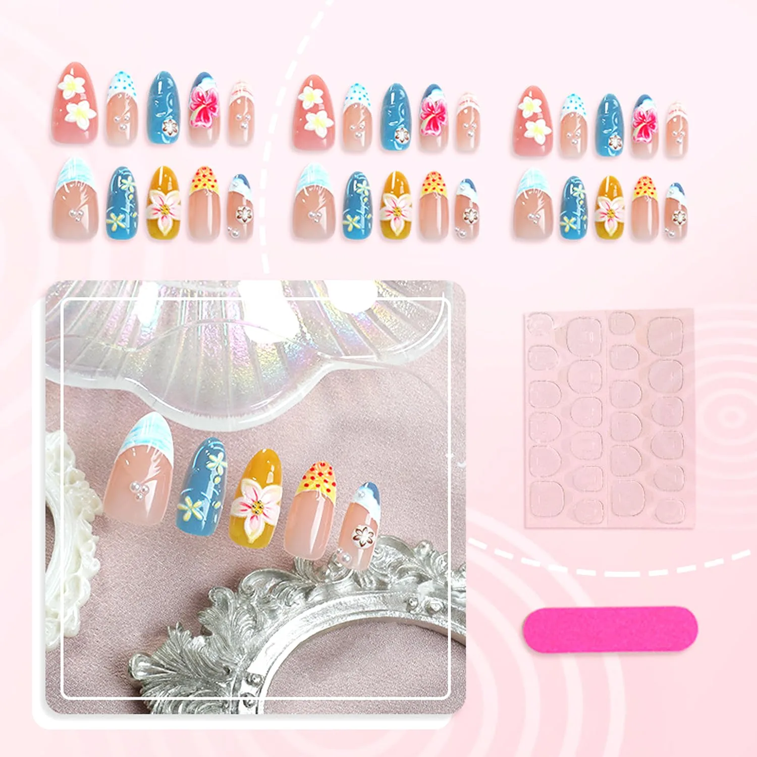 30Pcs Colorful Flower Press on Nails Medium Almond Fake Nails 3D Cute Floral False Nail Water Ripples French Tip Glue on Nail with Pearl Charms Design Nails Summer Ocean Beach Nail Supply for Women