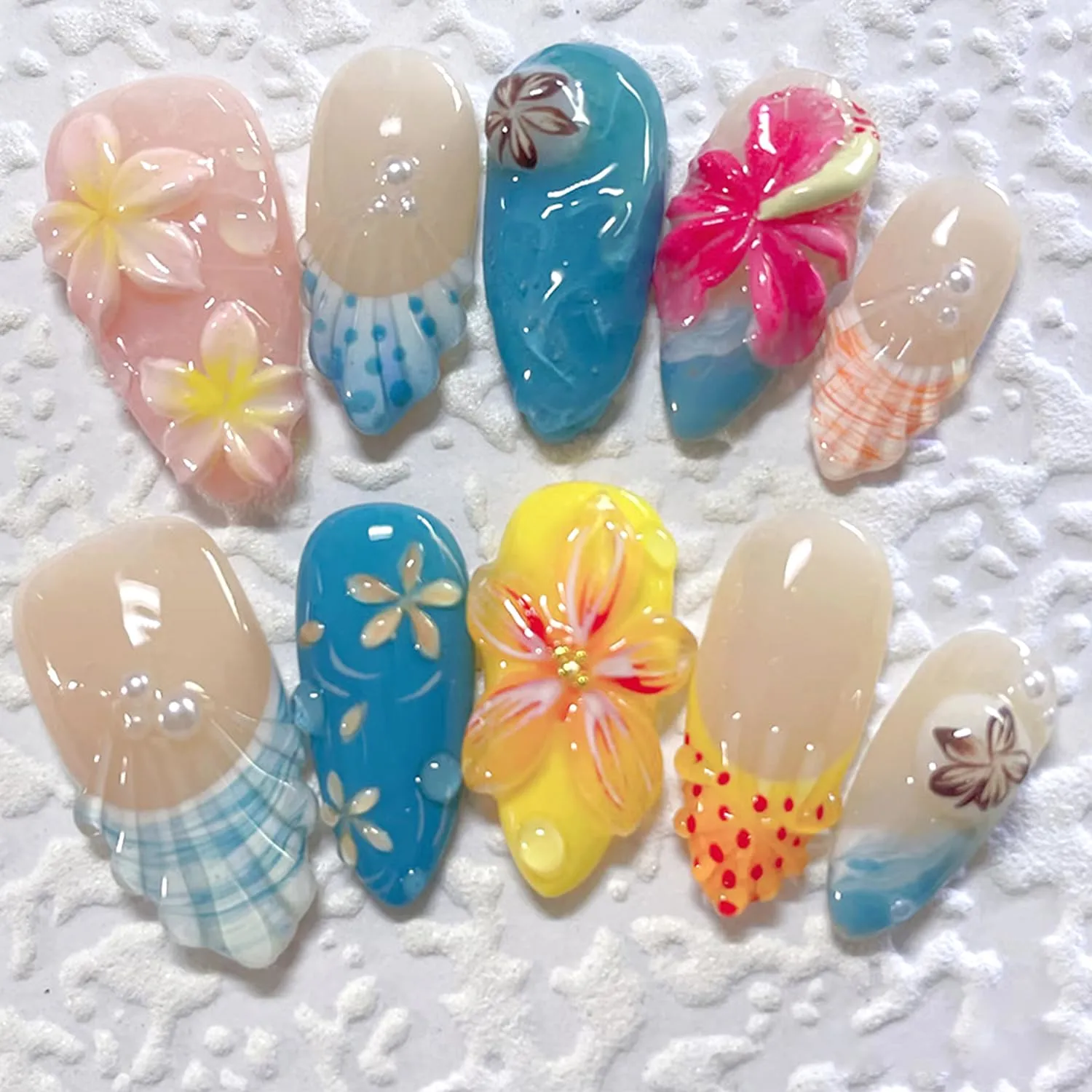 30Pcs Colorful Flower Press on Nails Medium Almond Fake Nails 3D Cute Floral False Nail Water Ripples French Tip Glue on Nail with Pearl Charms Design Nails Summer Ocean Beach Nail Supply for Women