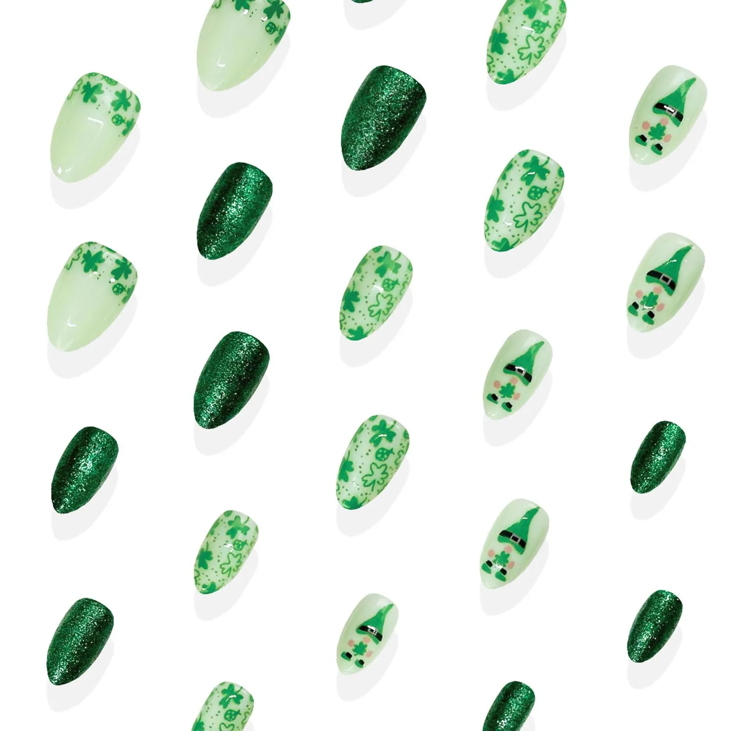 30Pcs St. Patrick's Press on Nails - Lucky Clover Fake Nails Short Almond False Nails Cute Cartoon Design Stick on Nail Green Glitter Full Cover Green Shamrock Glossy Artificial Glue on Nail for Women