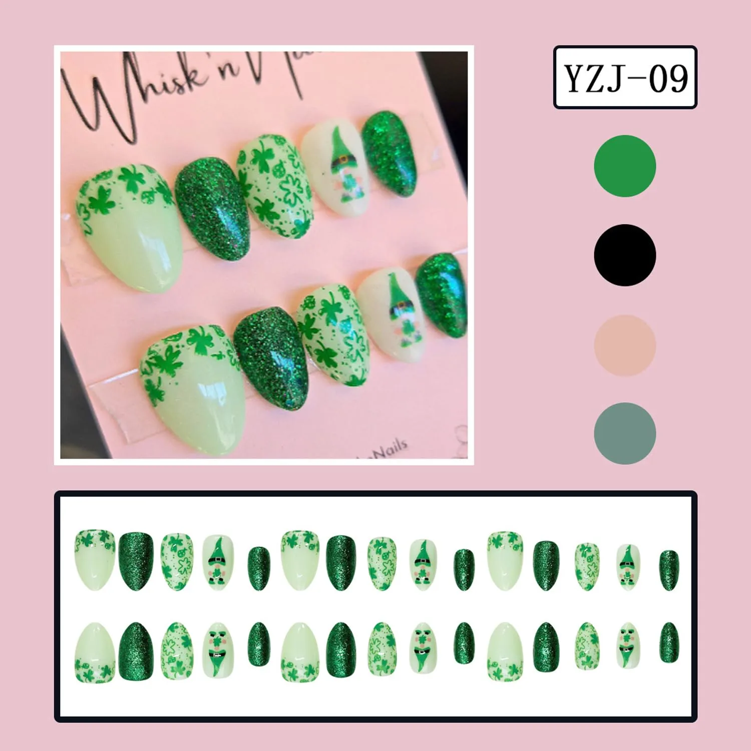 30Pcs St. Patrick's Press on Nails - Lucky Clover Fake Nails Short Almond False Nails Cute Cartoon Design Stick on Nail Green Glitter Full Cover Green Shamrock Glossy Artificial Glue on Nail for Women