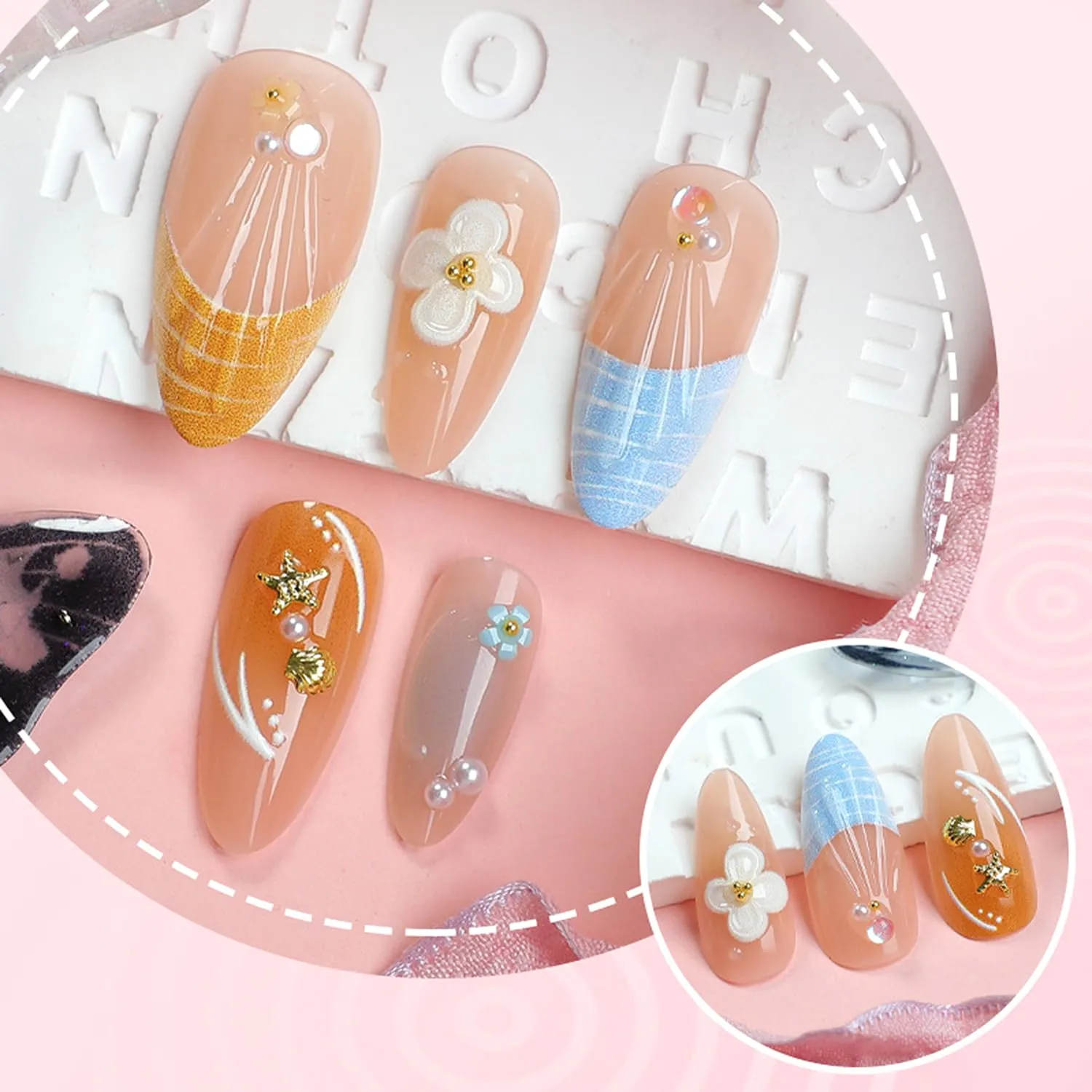 30Pcs Summer Beach Press on Nails Medium Almond Fake Nails 3D Colorful Flower Design False Nails Gold Ocean Starfish Seashell Rhinestone Acrylic Nails Water Ripples French Tip Stick on Nail for Women