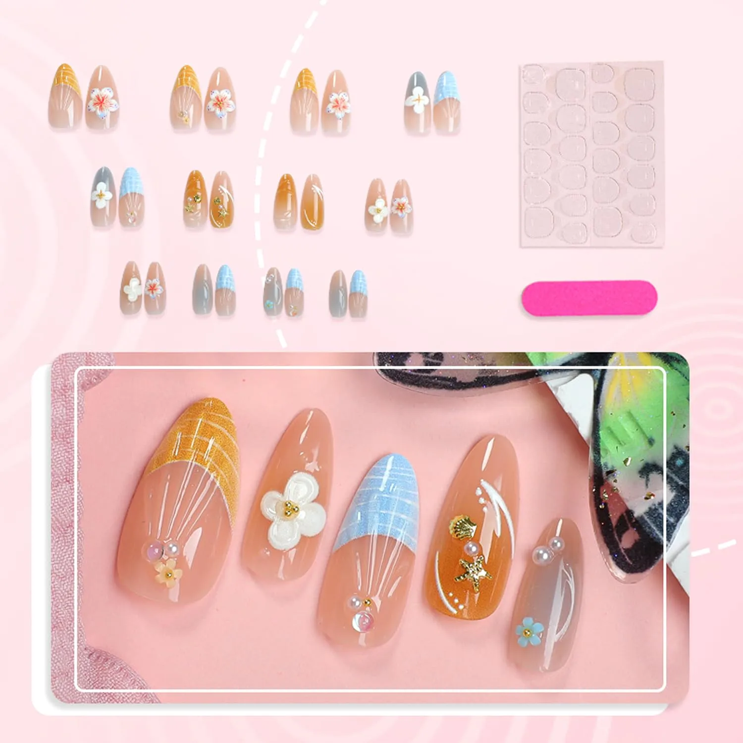 30Pcs Summer Beach Press on Nails Medium Almond Fake Nails 3D Colorful Flower Design False Nails Gold Ocean Starfish Seashell Rhinestone Acrylic Nails Water Ripples French Tip Stick on Nail for Women