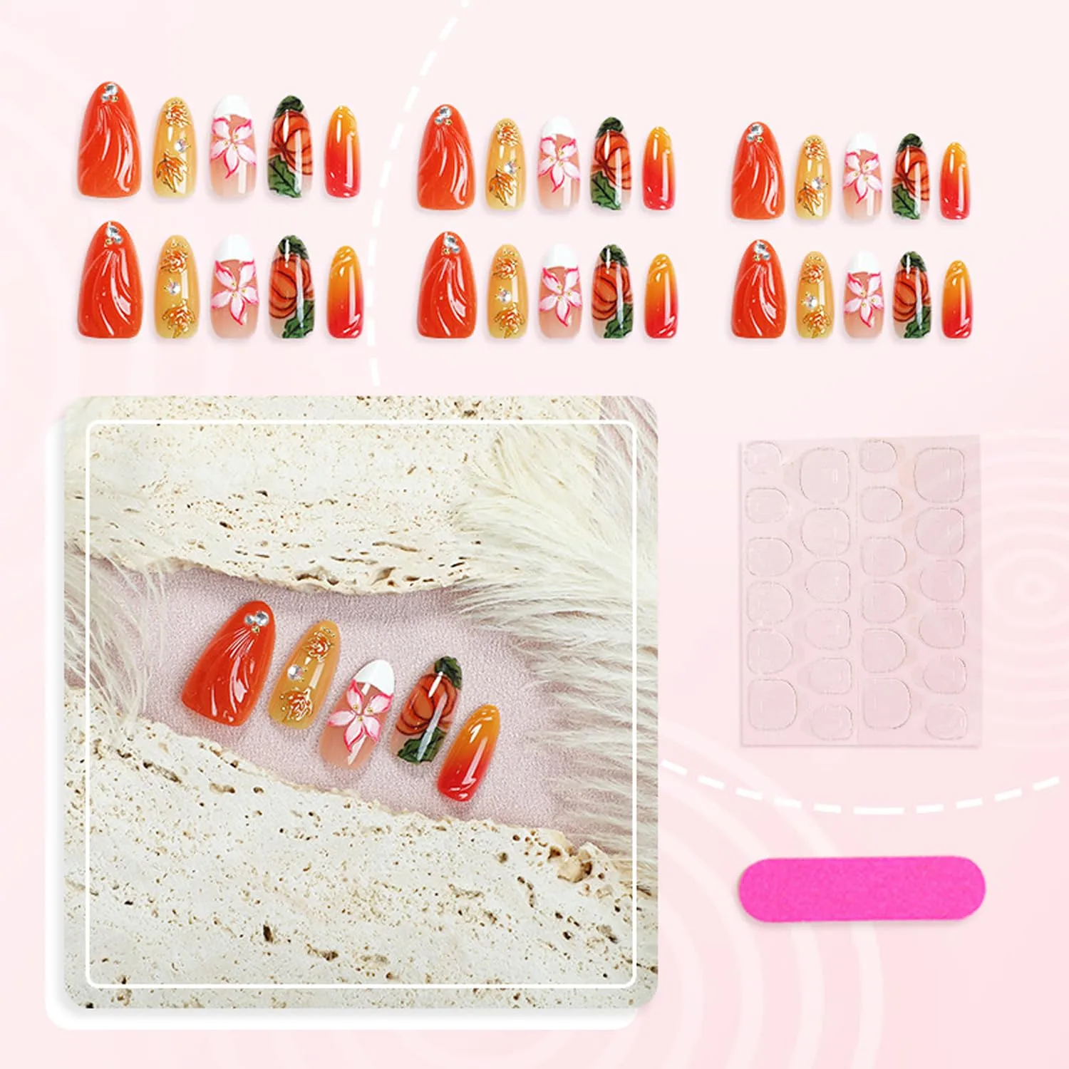 30Pcs Thanksgiving Press on Nails Medium Almond Fake Nails 3D Gradient Flower False Nails Maple Leaf Pumpkin Design Stick on Nail Shiny Rhinestone Beads Acrylic Nails White French Tip Nail for Women