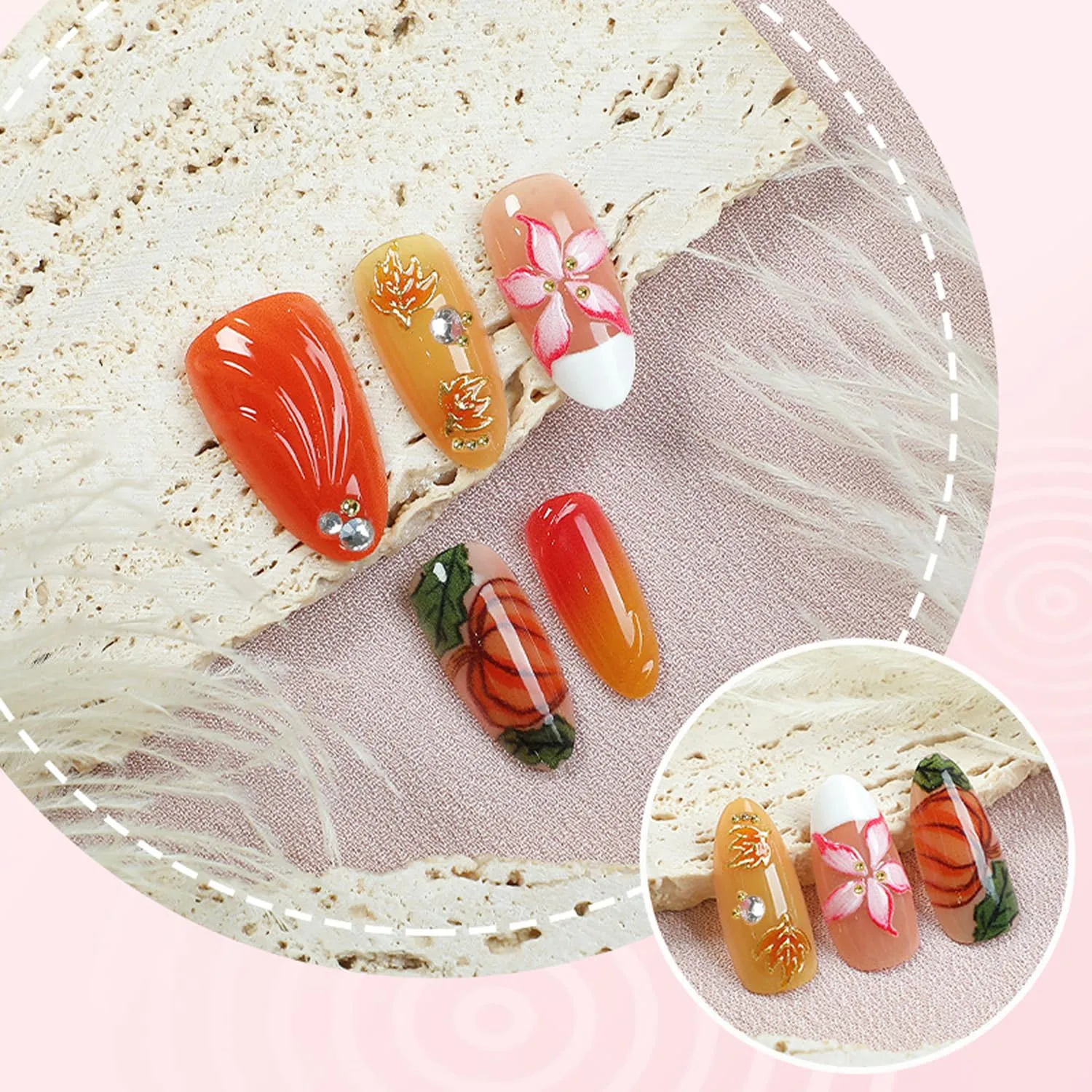 30Pcs Thanksgiving Press on Nails Medium Almond Fake Nails 3D Gradient Flower False Nails Maple Leaf Pumpkin Design Stick on Nail Shiny Rhinestone Beads Acrylic Nails White French Tip Nail for Women