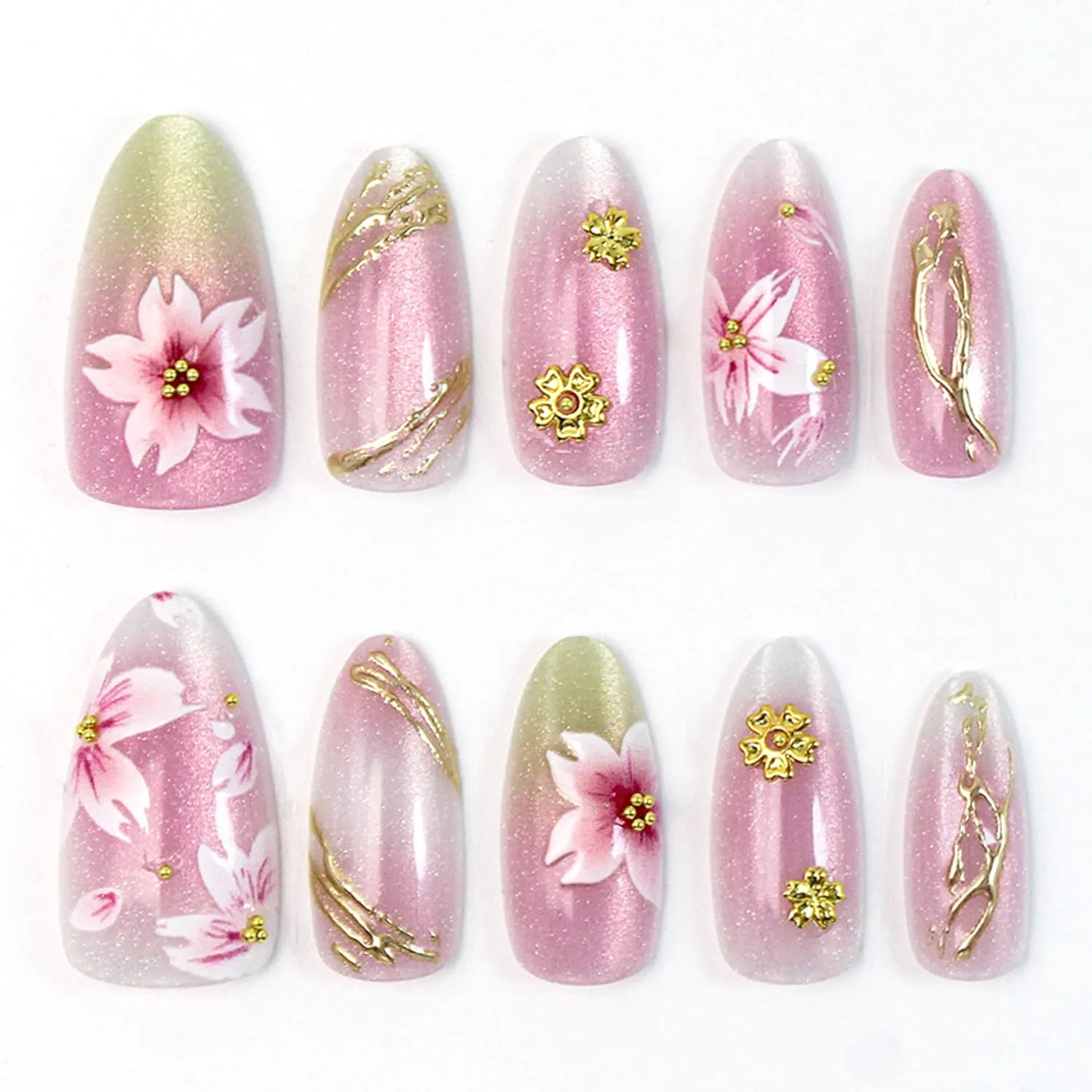 30Pcs Flower Press on Nails - Medium Almond Fake Nails Press ons 3D Gold Flowers Gilded Line Designs Pink Gradient False Nails Silver Glitter Full Cover Lily Floral Artificial Acrylic Nails for Women