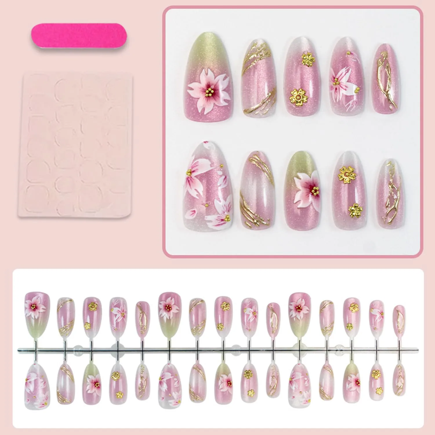 30Pcs Flower Press on Nails - Medium Almond Fake Nails Press ons 3D Gold Flowers Gilded Line Designs Pink Gradient False Nails Silver Glitter Full Cover Lily Floral Artificial Acrylic Nails for Women