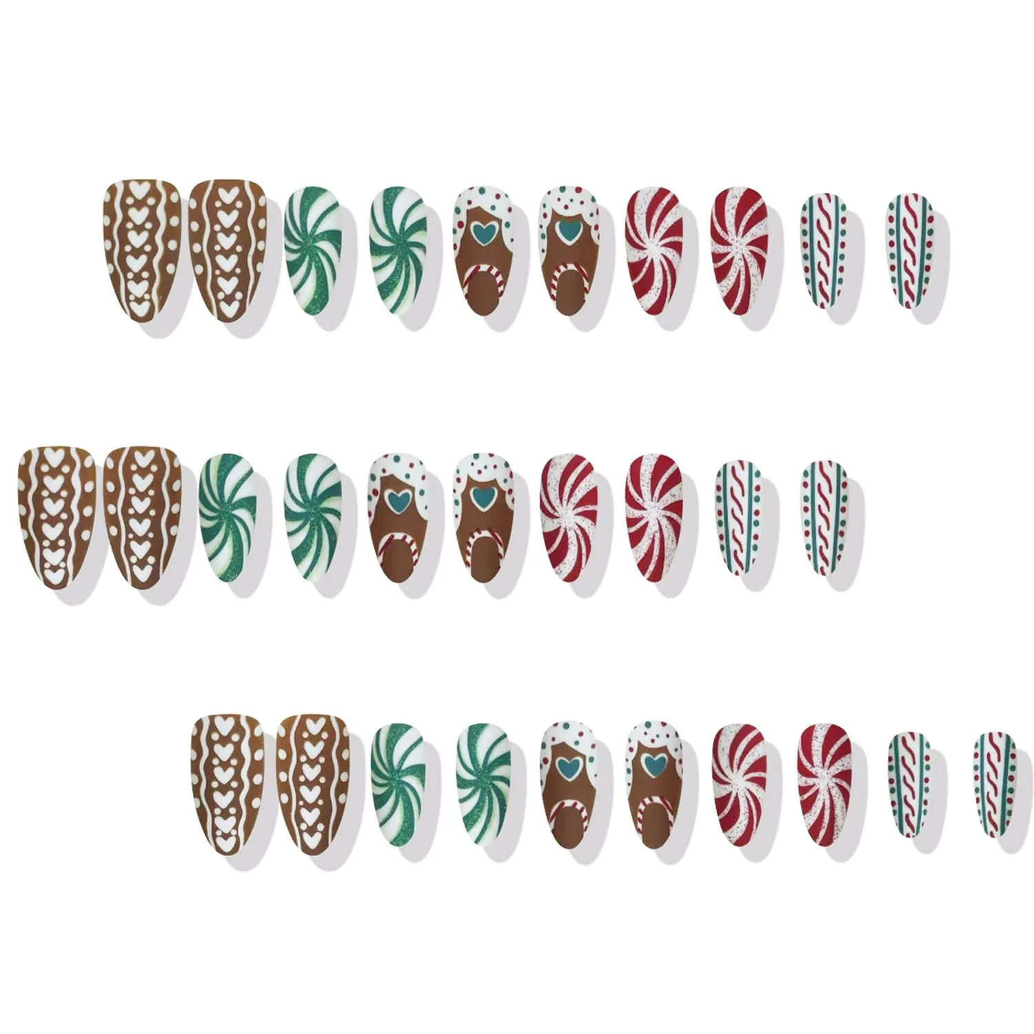 30Pcs Shiny Christmas Press on Nails Medium Almond Fake Nails Red Green Spiral Texture Pattern False Nai Glitter Heart Nails Colorful Stripe Dots Acrylic Nail Cute Heart Candy Glue on Nails for Women
