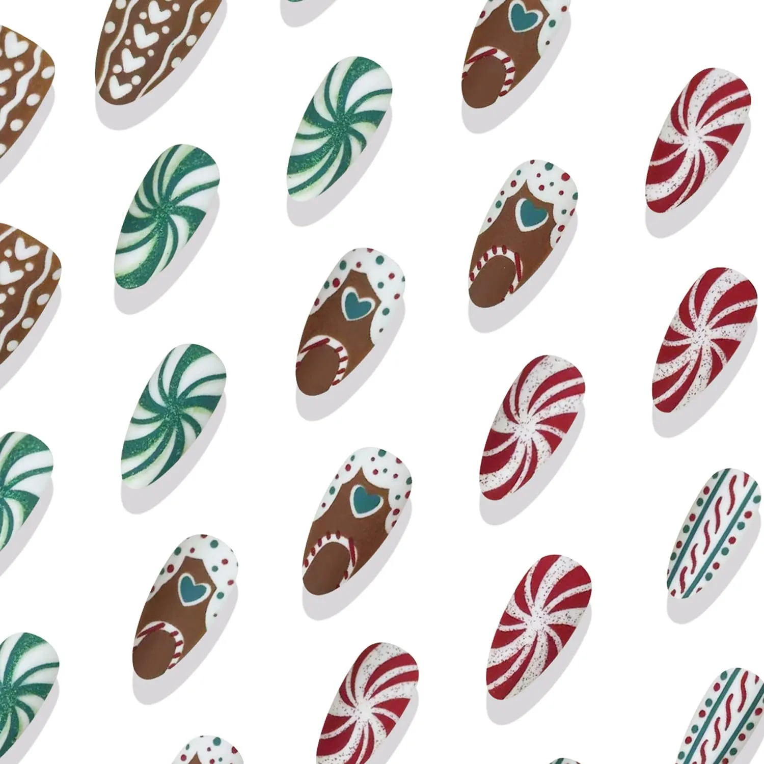 30Pcs Shiny Christmas Press on Nails Medium Almond Fake Nails Red Green Spiral Texture Pattern False Nai Glitter Heart Nails Colorful Stripe Dots Acrylic Nail Cute Heart Candy Glue on Nails for Women