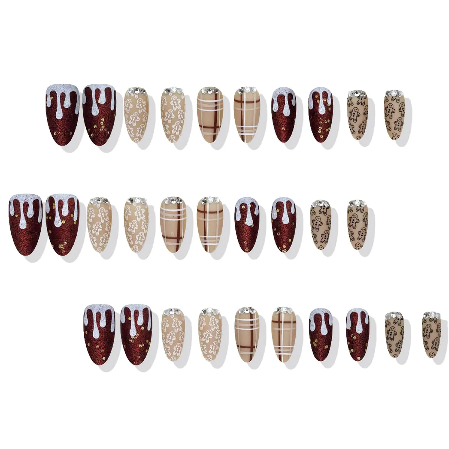 30Pcs Cute Gingerbread Man Press on Nails Medium Almond Fake Nails Cute Christmas False Nails 3D Rhinestones Design Stick on Nail Brown Stripes Artificial Nails Wine Red Glitter Nail for Women