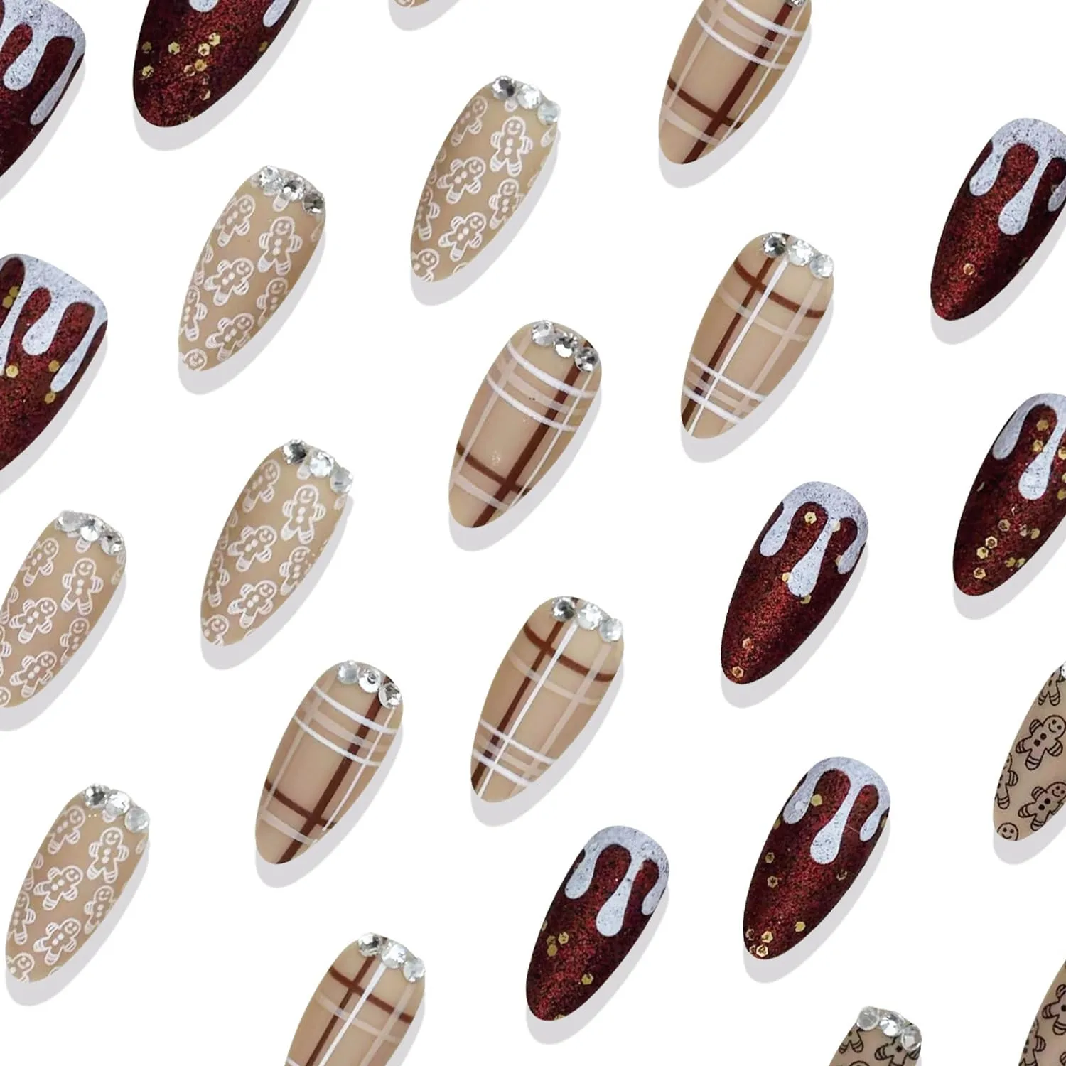 30Pcs Cute Gingerbread Man Press on Nails Medium Almond Fake Nails Cute Christmas False Nails 3D Rhinestones Design Stick on Nail Brown Stripes Artificial Nails Wine Red Glitter Nail for Women