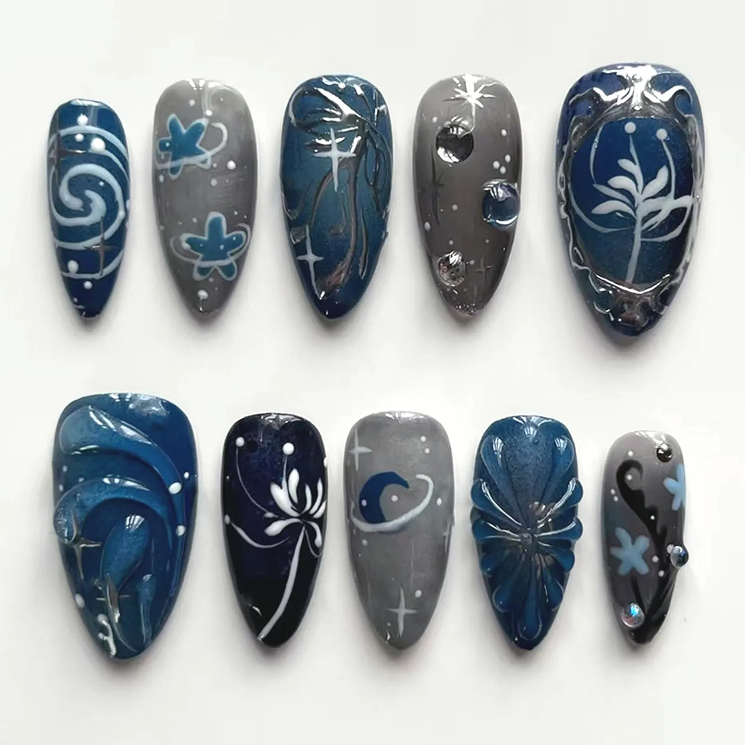 24Pcs French Tip Press on Nails Medium Almond Fake Nails with Dark Blue Ripple Design Glossy Flower False Nails Full Cover Artificial Cute Stick on for Women DIY Nails Kit