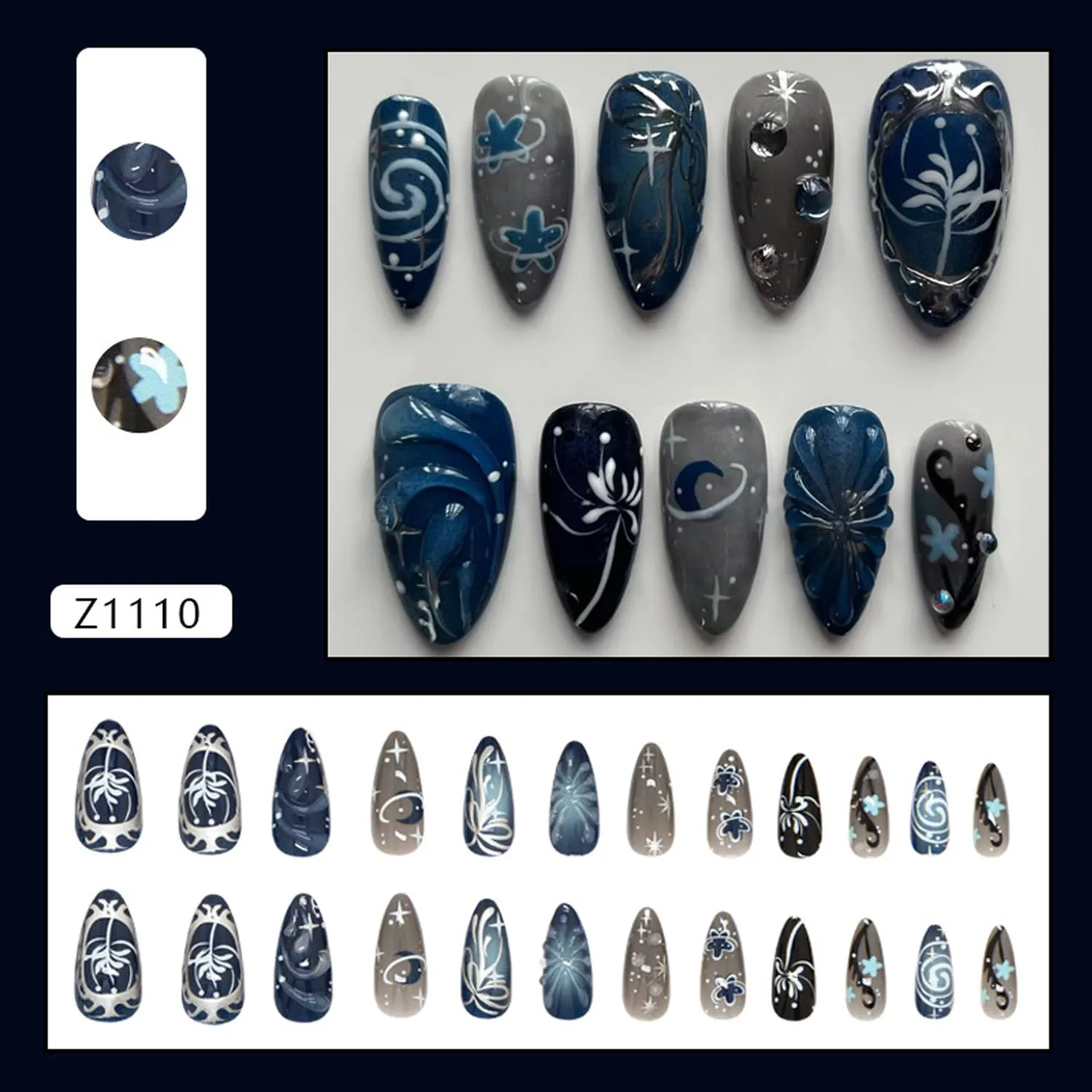 24Pcs French Tip Press on Nails Medium Almond Fake Nails with Dark Blue Ripple Design Glossy Flower False Nails Full Cover Artificial Cute Stick on for Women DIY Nails Kit