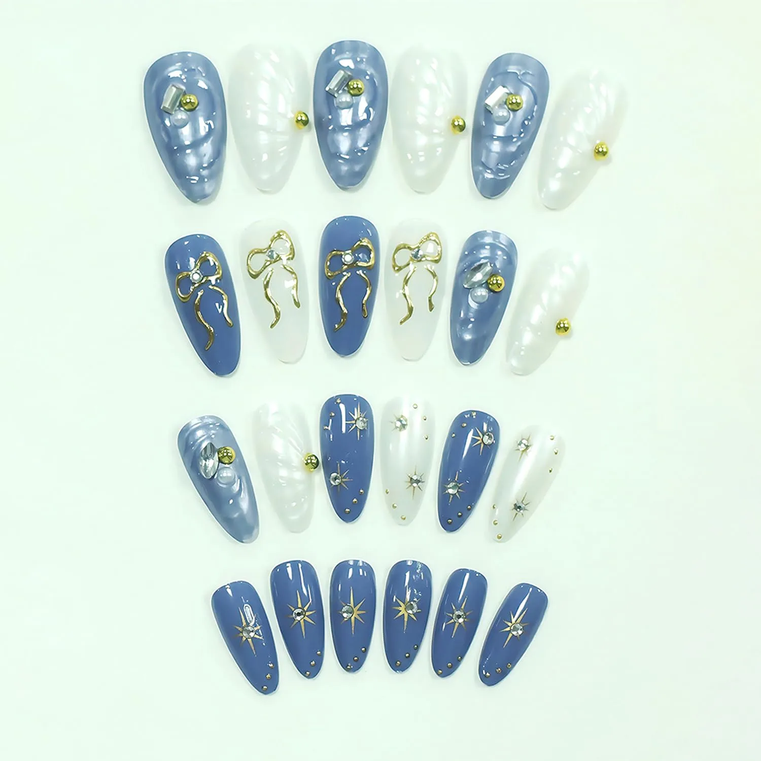 24Pcs Handmade Press on Nails Medium Almond French Tip Fake Nail with Bow Star Gilding Design Blue False Nails Full Cover Artificial Acrylic Rhinestones Nails Sparkling Stick on Nails for Women