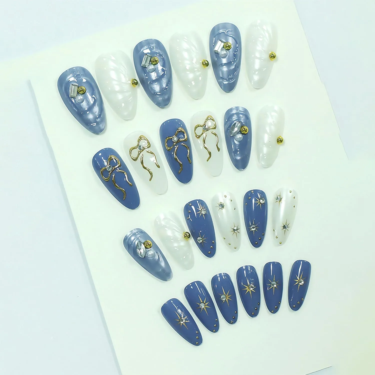 24Pcs Handmade Press on Nails Medium Almond French Tip Fake Nail with Bow Star Gilding Design Blue False Nails Full Cover Artificial Acrylic Rhinestones Nails Sparkling Stick on Nails for Women