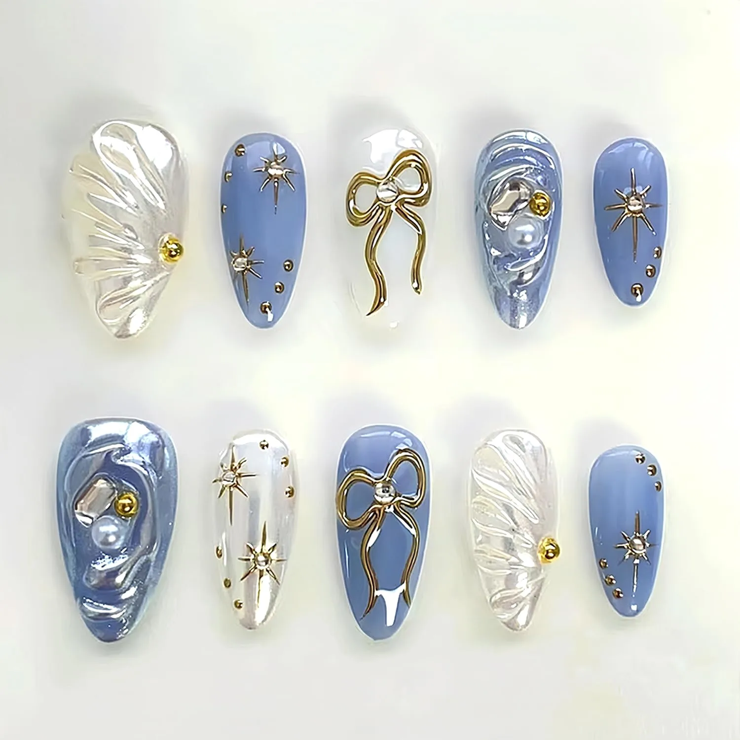 24Pcs Handmade Press on Nails Medium Almond French Tip Fake Nail with Bow Star Gilding Design Blue False Nails Full Cover Artificial Acrylic Rhinestones Nails Sparkling Stick on Nails for Women