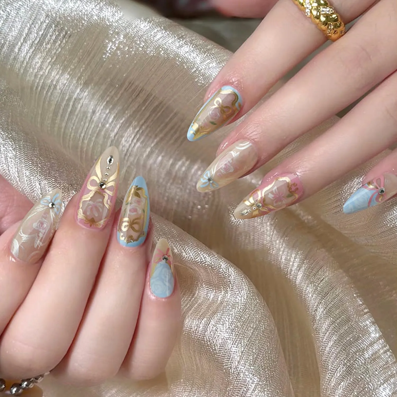 24Pcs Almond Press on Nails Heart Flowers Fake Nails with Exquisite Rhinestones Design Glossy Full Cover Rose False Nails with Glue Medium Romantic Stick on Nails Acrylic Nail Art for Women