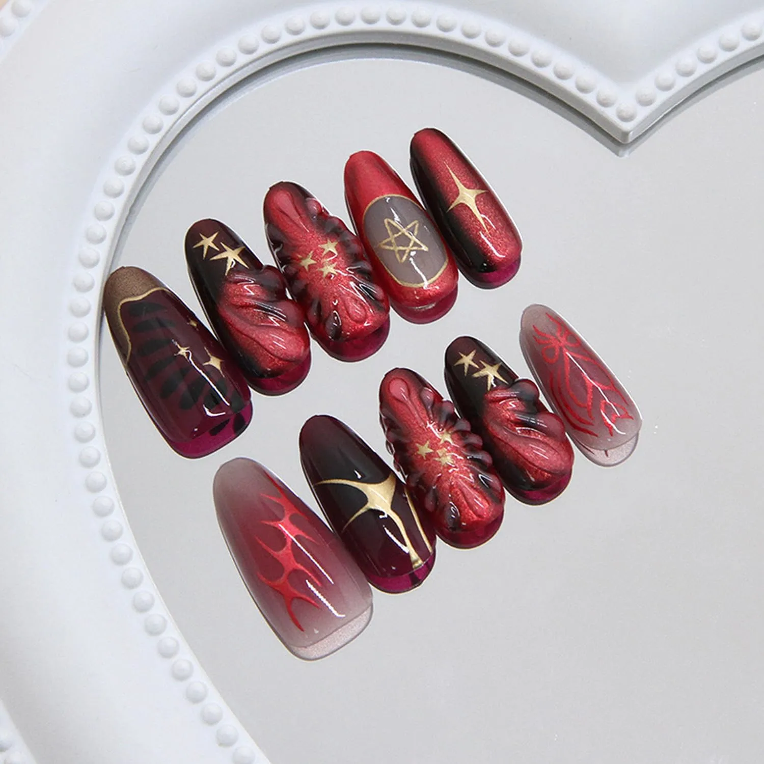 30Pcs Red Press on Nails Charms Medium Almond Fake Nails Stars Pattern French Nails Glossy Wine Red Acrylic False Nails Full Cover Stick on Nail Artificial Manicure for Women Daily Wear