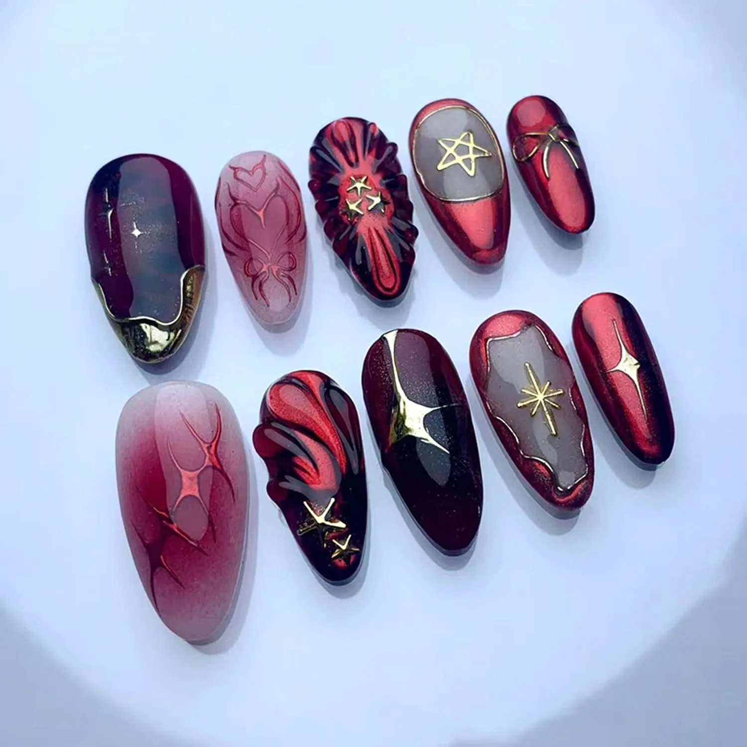 30Pcs Red Press on Nails Charms Medium Almond Fake Nails Stars Pattern French Nails Glossy Wine Red Acrylic False Nails Full Cover Stick on Nail Artificial Manicure for Women Daily Wear
