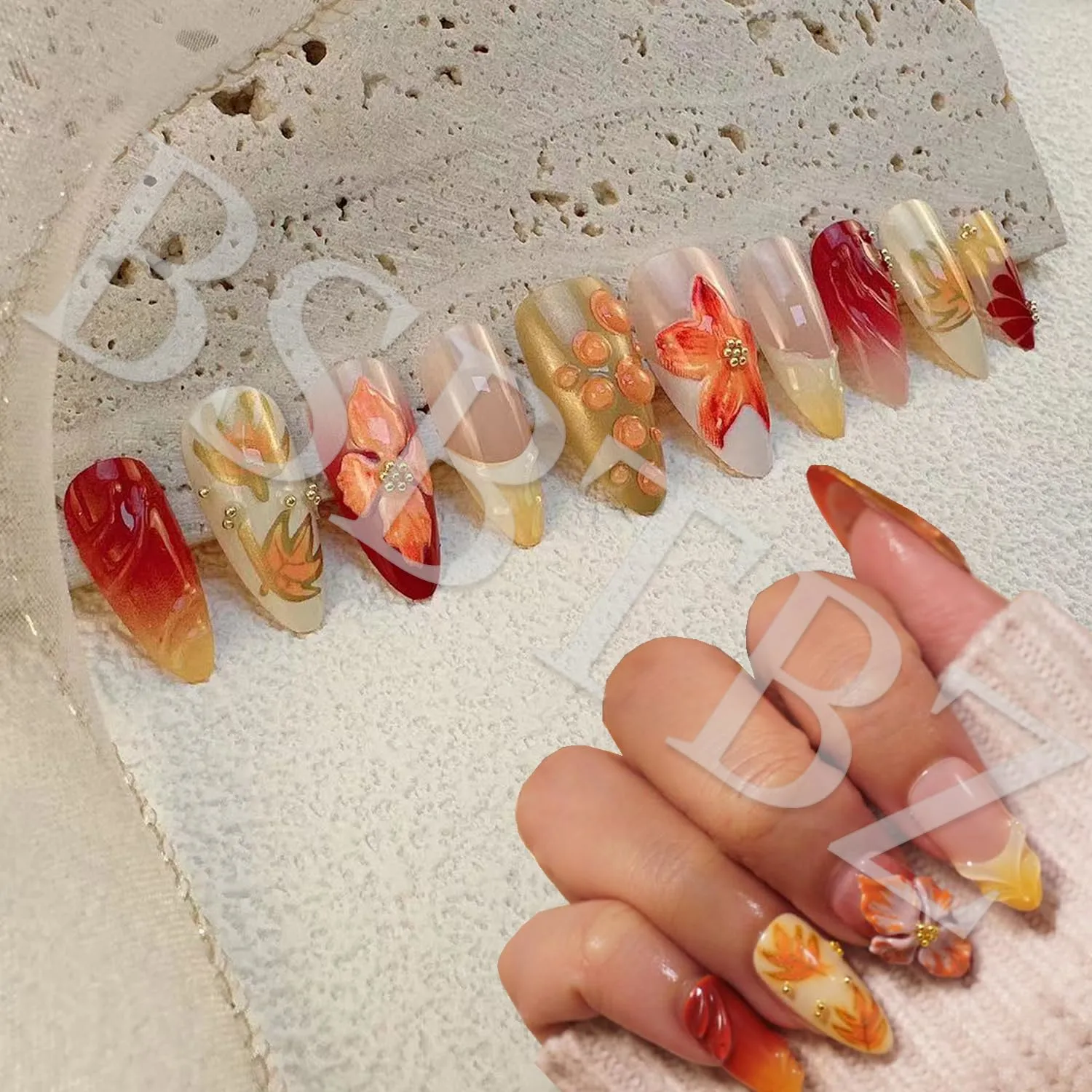30pcs Fall Maple Leaf Press on Nails Autumn Fake Nail with 3D Floral & Gold Leaves Art in Medium French Nails Handmade Thanksgiving Nail Art for Holiday, Vacation, Birthday Nail Decoration for Women