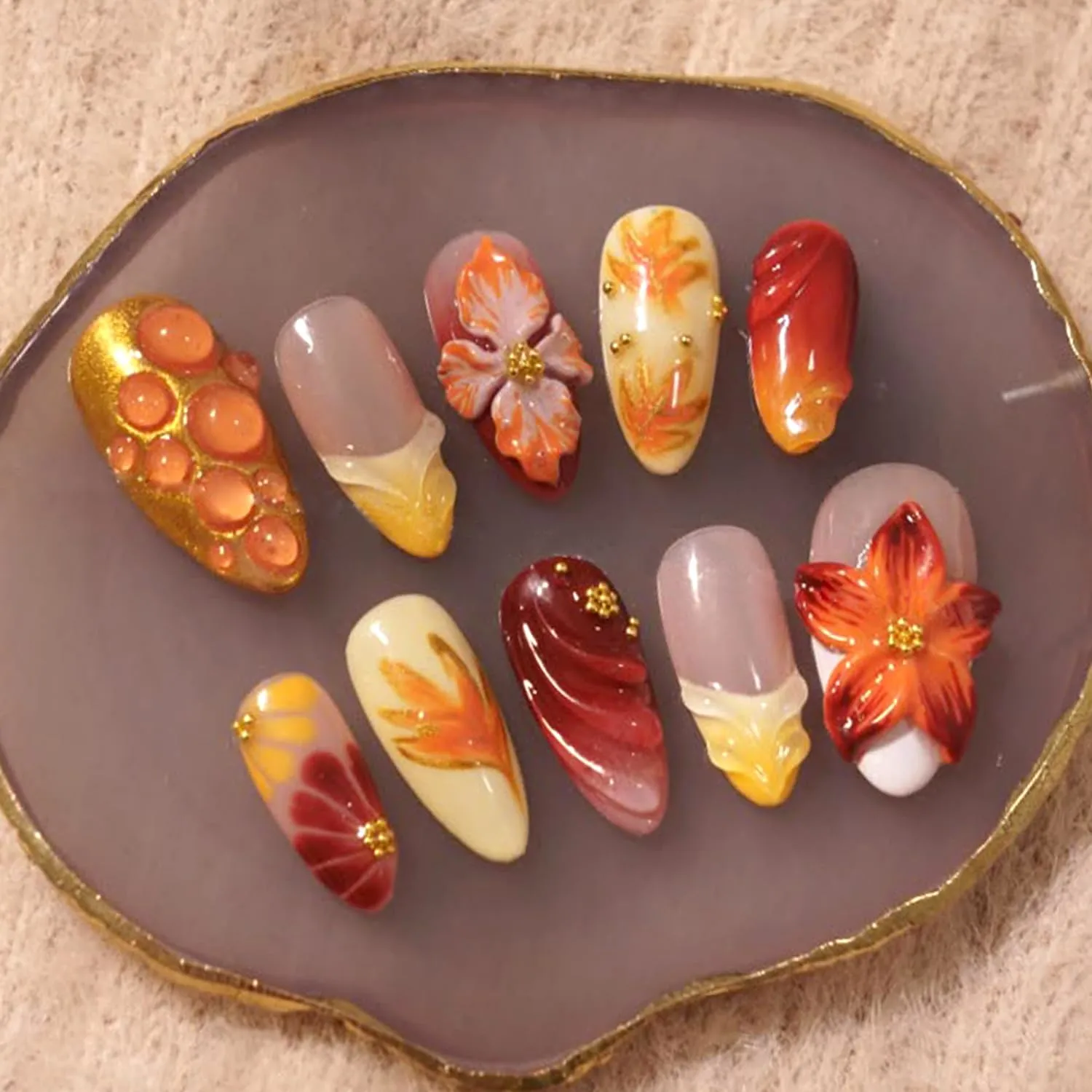 30pcs Fall Maple Leaf Press on Nails Autumn Fake Nail with 3D Floral & Gold Leaves Art in Medium French Nails Handmade Thanksgiving Nail Art for Holiday, Vacation, Birthday Nail Decoration for Women