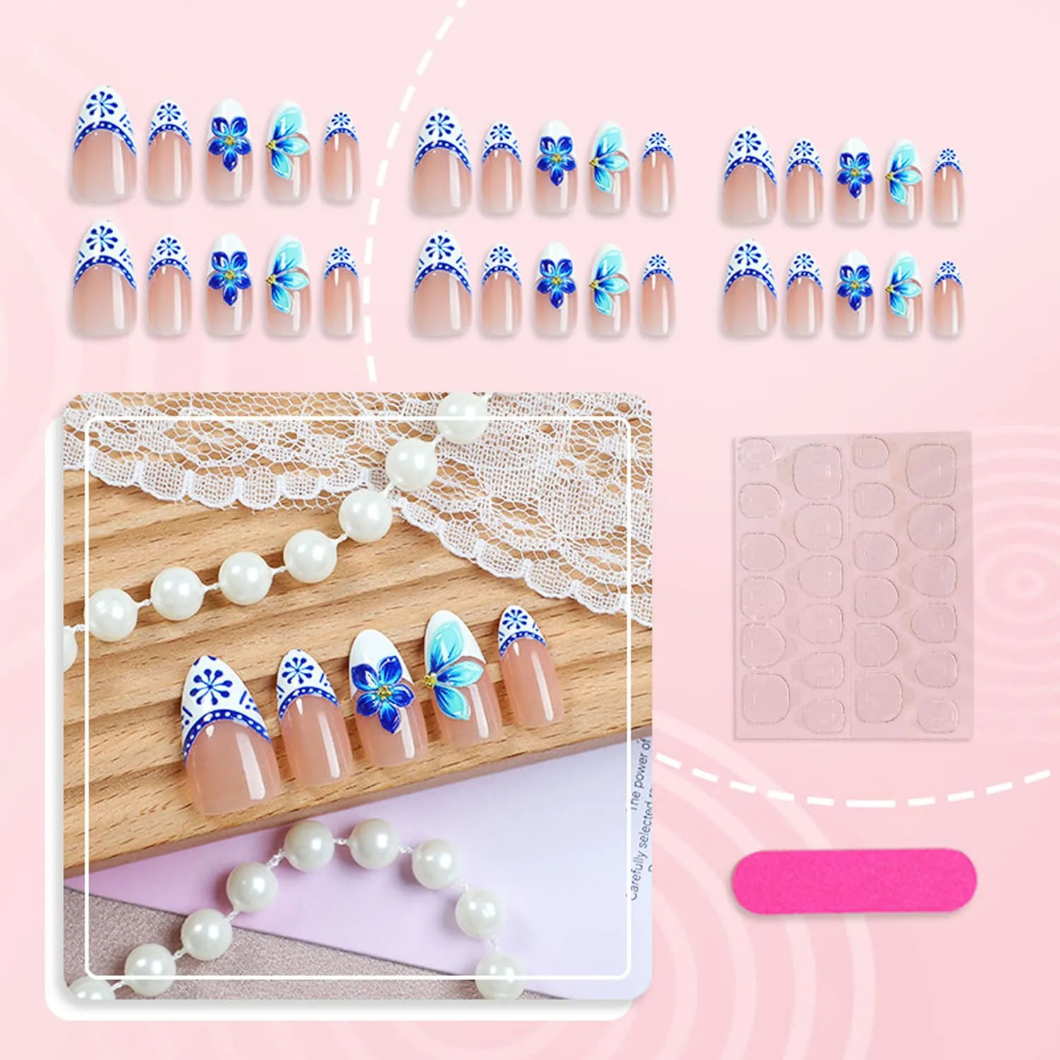 30Pcs Blue Flower Press on Nails - Medium Almond Fake Nails 3D Cute Flowers Design False Nails White French Tip Stick on Nail Spring Summer Floral Acrylic Nail Nude Glossy Full Cover Nails for Women