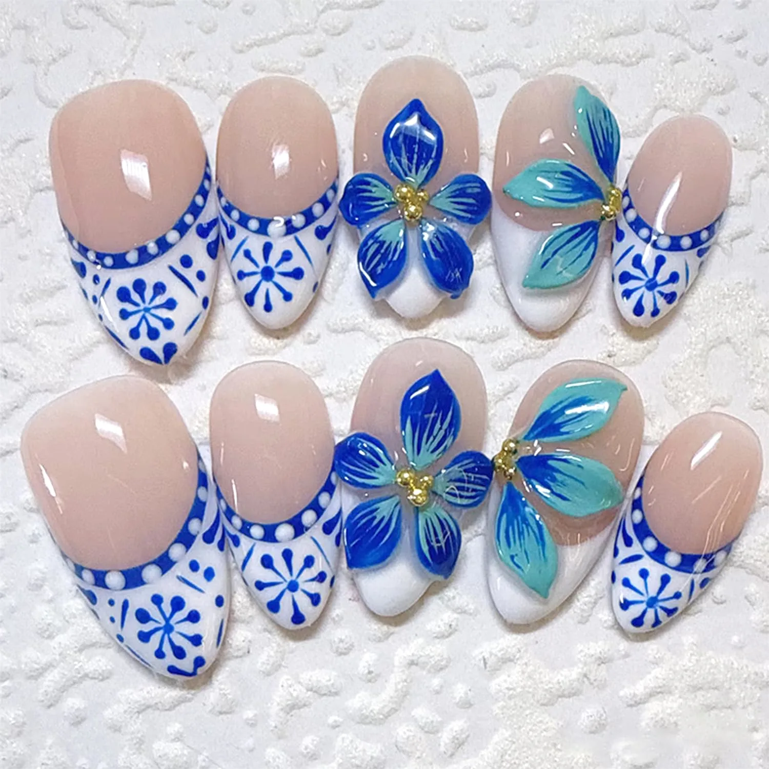 30Pcs Blue Flower Press on Nails - Medium Almond Fake Nails 3D Cute Flowers Design False Nails White French Tip Stick on Nail Spring Summer Floral Acrylic Nail Nude Glossy Full Cover Nails for Women