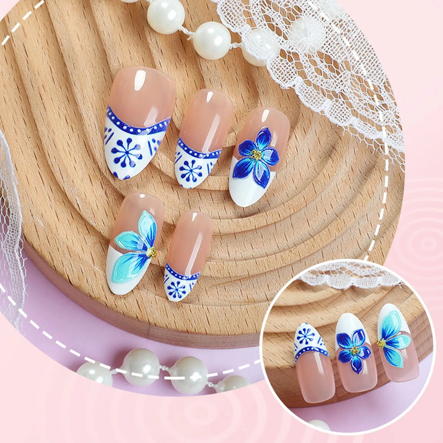 30Pcs Blue Flower Press on Nails - Medium Almond Fake Nails 3D Cute Flowers Design False Nails White French Tip Stick on Nail Spring Summer Floral Acrylic Nail Nude Glossy Full Cover Nails for Women