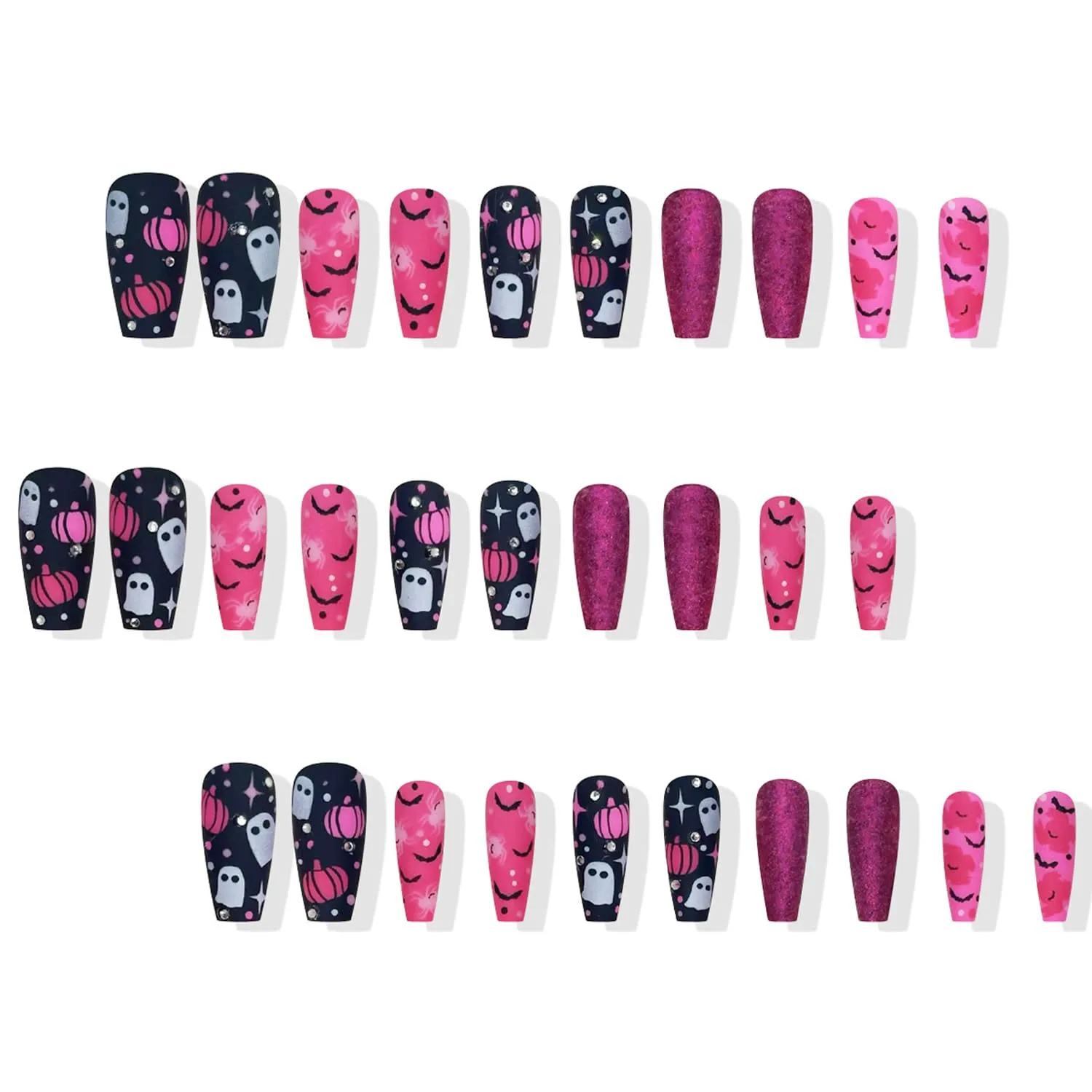 30Pcs Halloween Press on Nails Medium Length Fake Nails with Cute Ghost Pumpkin Bat Design Pink Black Glitter False Nails Square Shape Acrylic Nails Rhinestones Nail Handmade Stick on Nail for Women