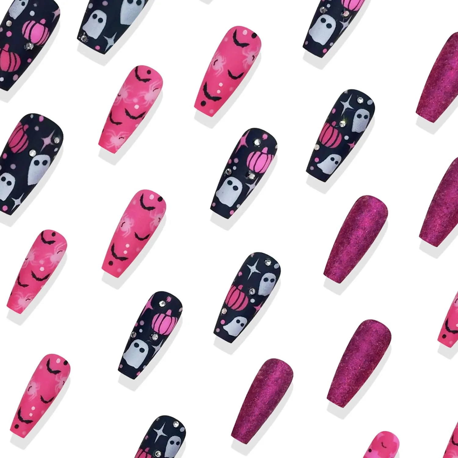 30Pcs Halloween Press on Nails Medium Length Fake Nails with Cute Ghost Pumpkin Bat Design Pink Black Glitter False Nails Square Shape Acrylic Nails Rhinestones Nail Handmade Stick on Nail for Women