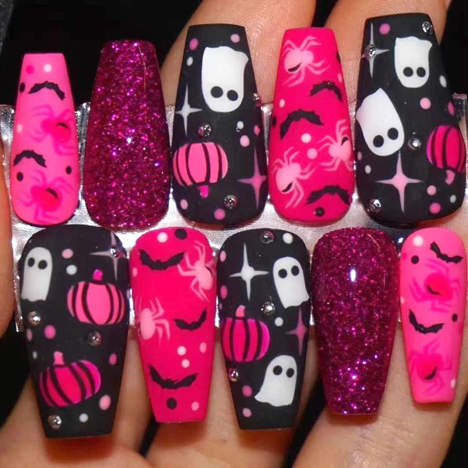 30Pcs Halloween Press on Nails Medium Length Fake Nails with Cute Ghost Pumpkin Bat Design Pink Black Glitter False Nails Square Shape Acrylic Nails Rhinestones Nail Handmade Stick on Nail for Women