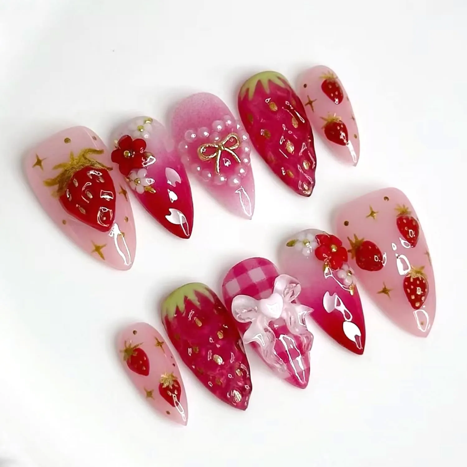 24Pcs Strawberry Flower Press on Nails Medium Almond Fake Nails Cute Floral Strawberry False Nails 3D Heart Pearls Bow Charms Designs Pink Gradient Glossy Stick on Nails Acrylic Nail for Women