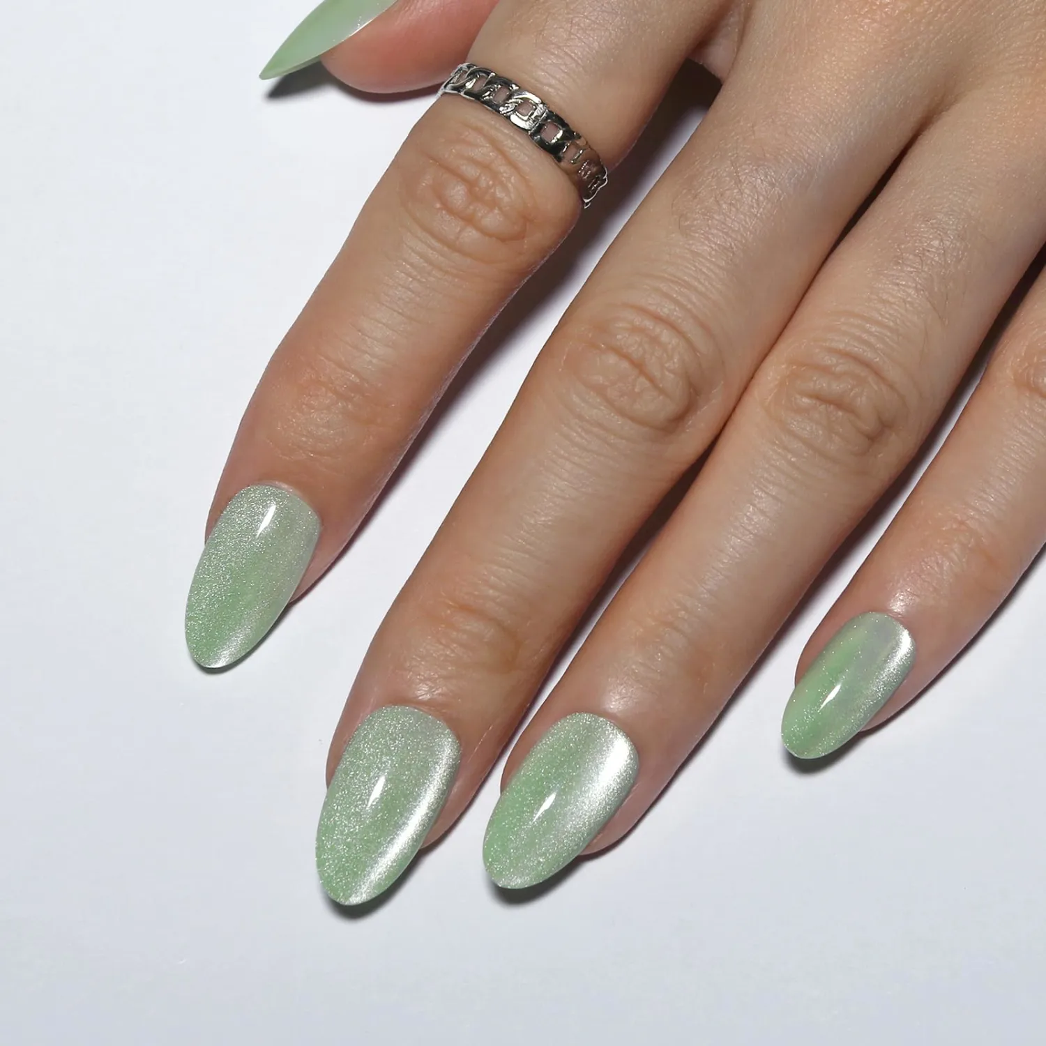 Green Almond Press On Nails Short Cat Eye Press on Nails for Women Ashionable Gel False Nails Reusable Acrylic False Nails Women's Glitter Nails On Nails Kit, Mint Green