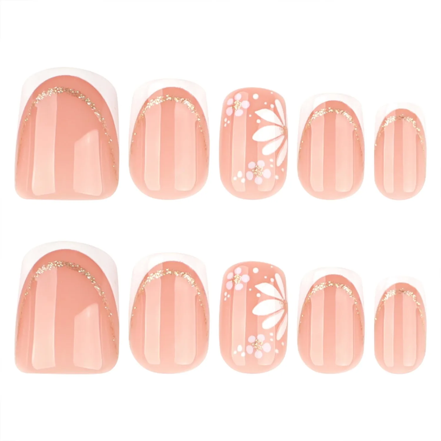 Square Press On Nails Short – Nude Pink French Tips with White Floral Design, 24PCS Thick Acrylic Fake Nails Kit, Glossy Reusable Stick On Nails with Glue & Tools for Women, Elegant DIY Manicure